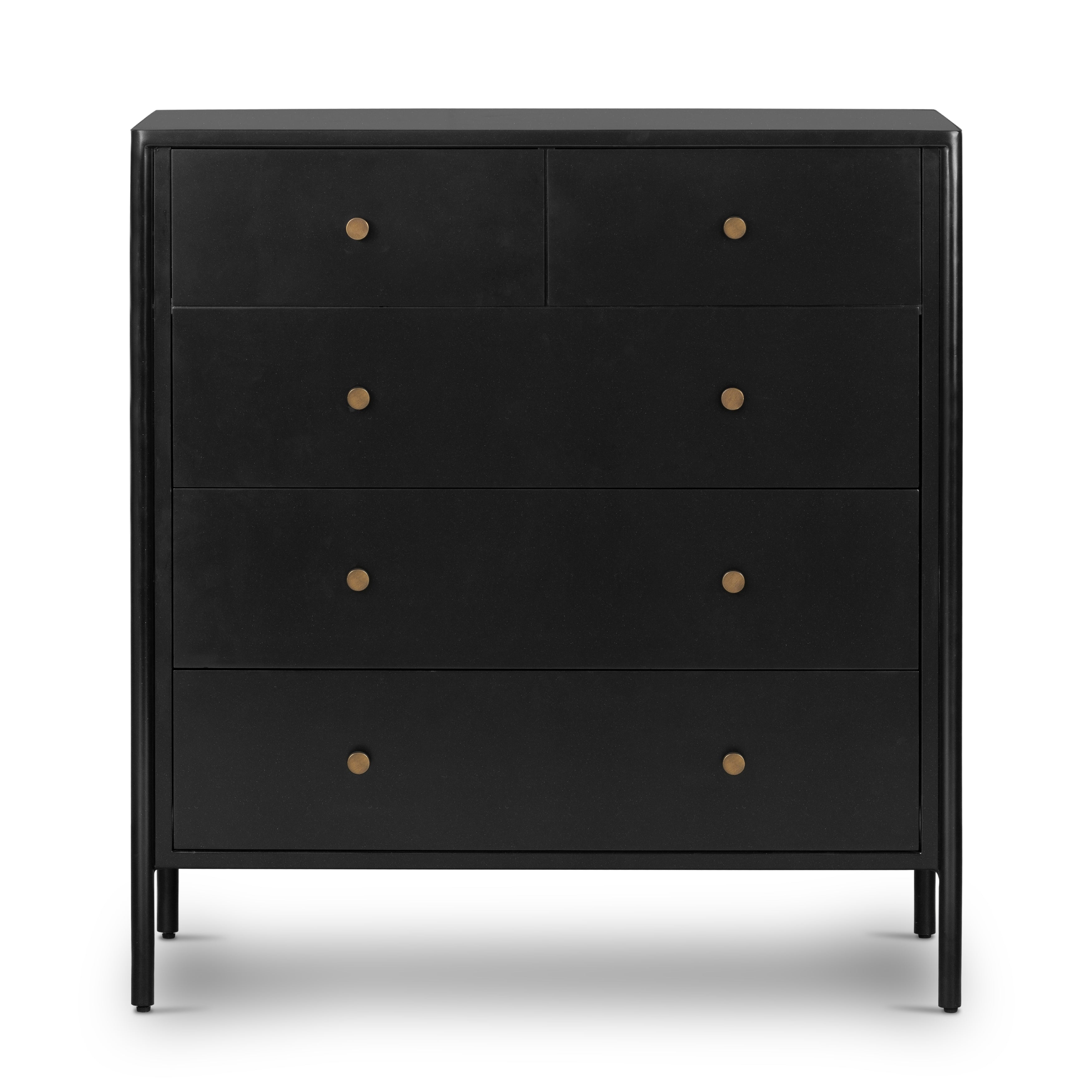 Featuring Soto 5 Drawer Dresser - Black by Four Hands at Amethyst Home. Bring a clean, beautifully industrial look to the bedroom with this Soto 5 Drawer Dresser - Black!  The roomy five-drawer dresser is made from black-finished iron, featuring bronzed iron hardware to elevate the look of any bedroom!
Overall Dimensions: 36"W x 19"L x 38.50"H
Colors: B.  Amethyst Home provides interior design, new home construction design consulting, vintage area rugs, and lighting in the Laguna Beach metro area.