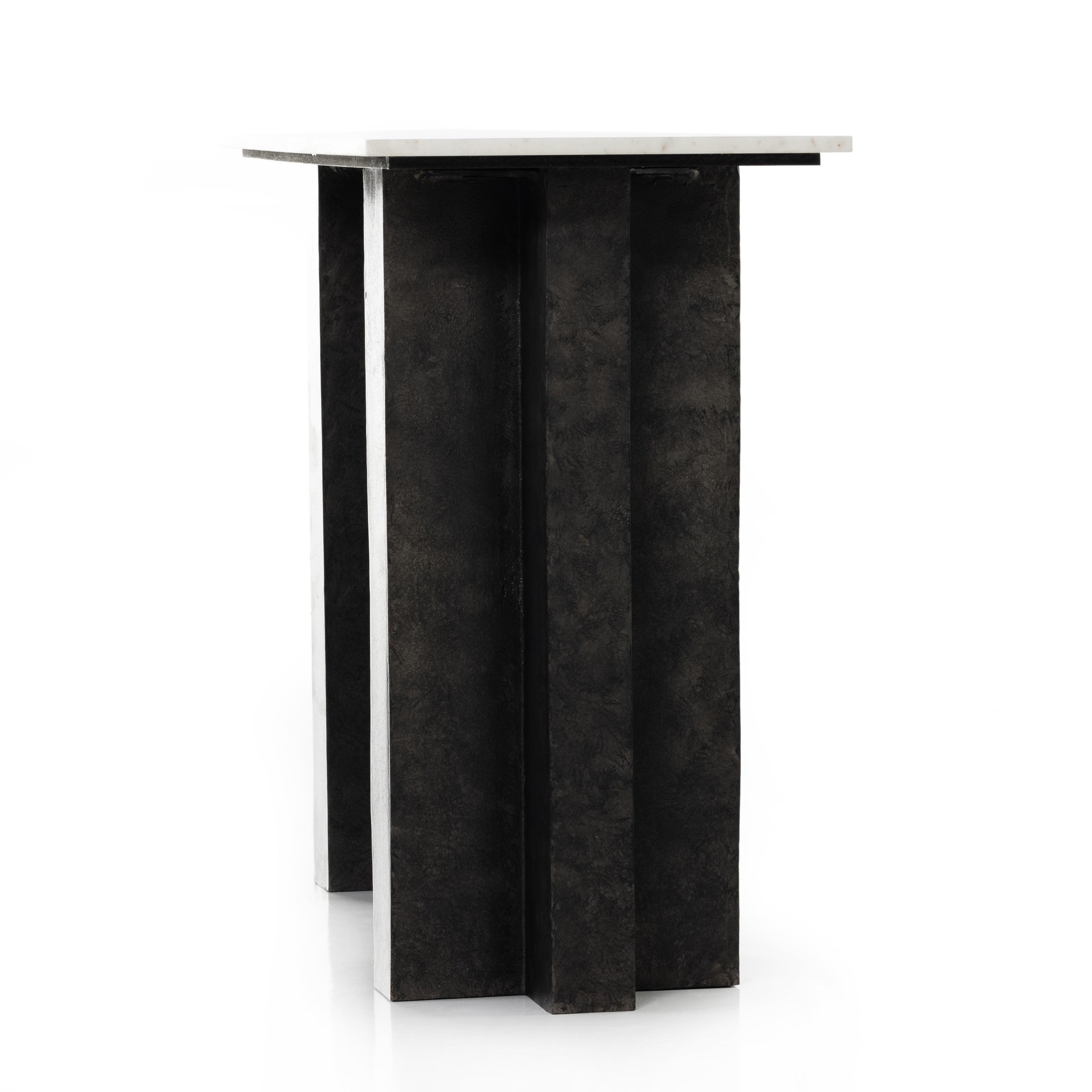 Featuring Terrell Console Table - Raw Black by Four Hands at Amethyst Home. Finished in a raw black, uniquely angular cast aluminum legs, this Terrell Console Table - Raw Black showcases a rectangular tabletop of solid marble in a clean, polished white. We'd love to see this in an entryway or behind a sofa. 
Overall Dimensions: 51"W x 17"L x 31.25"H
Colors.  Amethyst Home provides interior design, new home construction design consulting, vintage area rugs, and lighting in the Charlotte metro area.
