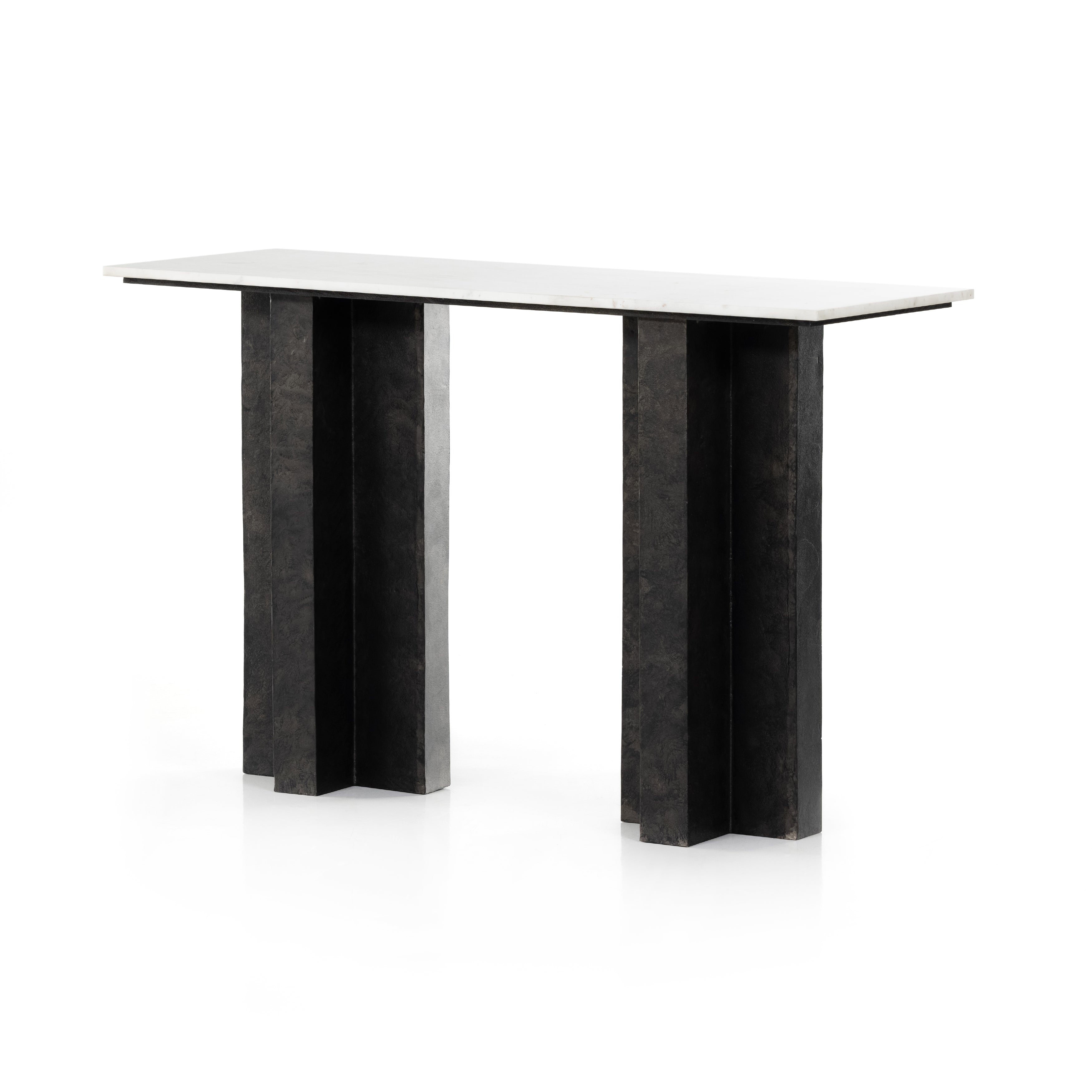 Featuring Terrell Console Table - Raw Black by Four Hands at Amethyst Home. Finished in a raw black, uniquely angular cast aluminum legs, this Terrell Console Table - Raw Black showcases a rectangular tabletop of solid marble in a clean, polished white. We'd love to see this in an entryway or behind a sofa. 
Overall Dimensions: 51"W x 17"L x 31.25"H
Colors: .  Amethyst Home provides interior design, new home construction design consulting, vintage area rugs, and lighting in the Seattle metro area.