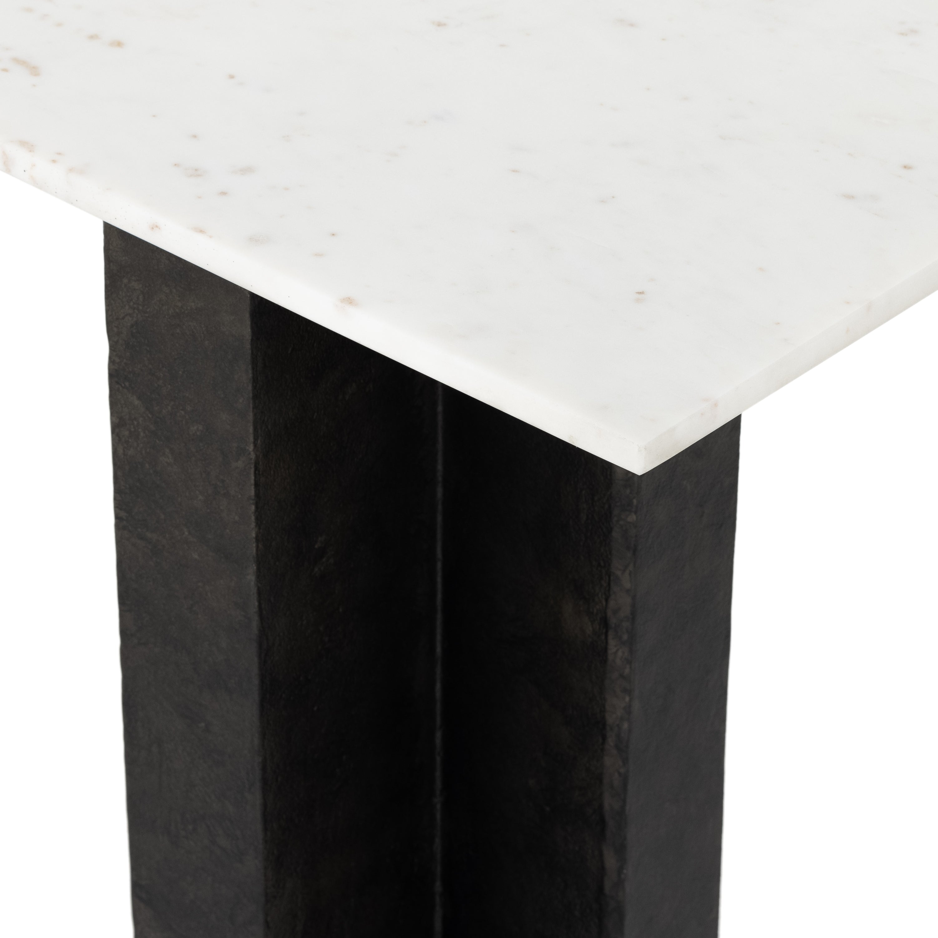 Featuring Terrell Console Table - Raw Black by Four Hands at Amethyst Home. Finished in a raw black, uniquely angular cast aluminum legs, this Terrell Console Table - Raw Black showcases a rectangular tabletop of solid marble in a clean, polished white. We'd love to see this in an entryway or behind a sofa. 
Overall Dimensions: 51"W x 17"L x 31.25"H
Colors:.  Amethyst Home provides interior design, new home construction design consulting, vintage area rugs, and lighting in the Monterey metro area.