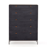Featuring Trey 5 Drawer Dresser - Black Wash Poplar by Four Hands at Amethyst Home. The toffee leather handles of this Trey 5 Drawer Dresser - Black Wash Poplar bring a classy pop of color and texture to the space. A stylish dresser of black-washed poplar offers plenty of bedroom storage space thanks to five spacious drawers. 
Overall Dimensions: 36"W x 18"L .  Amethyst Home provides interior design, new home construction design consulting, vintage area rugs, and lighting in the Austin metro area.