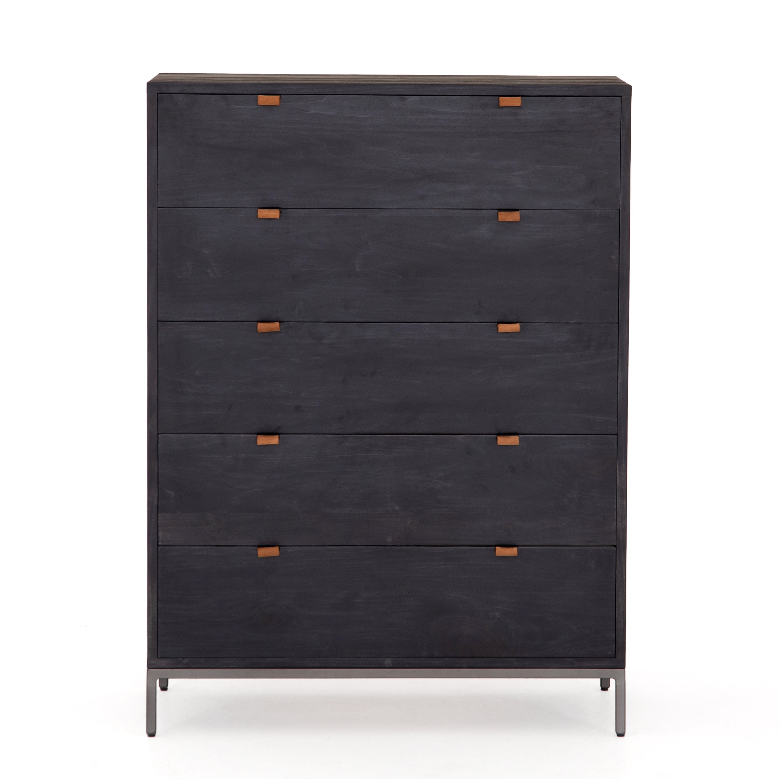 Featuring Trey 5 Drawer Dresser - Black Wash Poplar by Four Hands at Amethyst Home. The toffee leather handles of this Trey 5 Drawer Dresser - Black Wash Poplar bring a classy pop of color and texture to the space. A stylish dresser of black-washed poplar offers plenty of bedroom storage space thanks to five spacious drawers. 
Overall Dimensions: 36"W x 18"L .  Amethyst Home provides interior design, new home construction design consulting, vintage area rugs, and lighting in the Austin metro area.