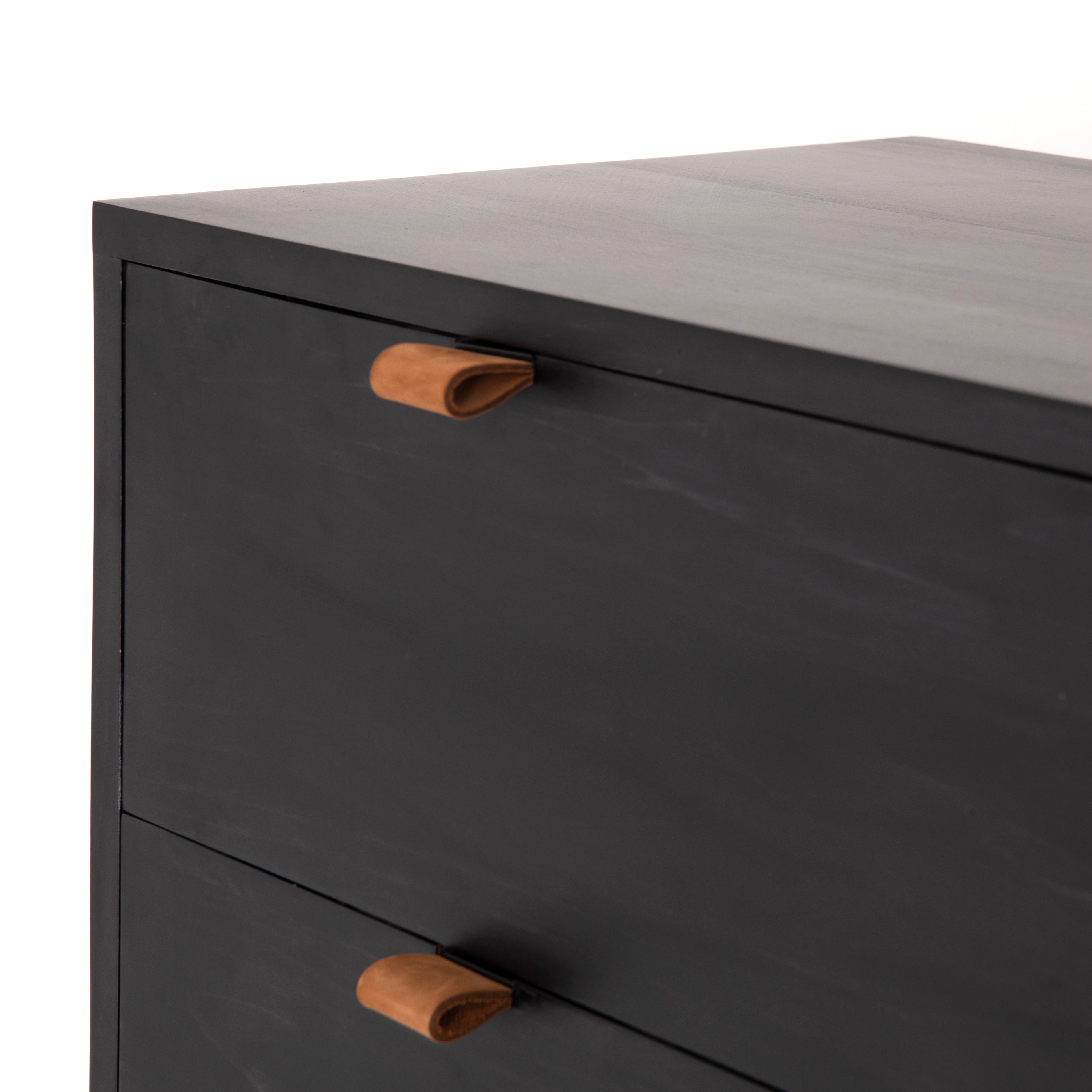 Featuring Trey 5 Drawer Dresser - Black Wash Poplar by Four Hands at Amethyst Home. The toffee leather handles of this Trey 5 Drawer Dresser - Black Wash Poplar bring a classy pop of color and texture to the space. A stylish dresser of black-washed poplar offers plenty of bedroom storage space thanks to five spacious drawers. 
Overall Dimensions: 36"W x 18"L x.  Amethyst Home provides interior design, new home construction design consulting, vintage area rugs, and lighting in the Omaha metro area.