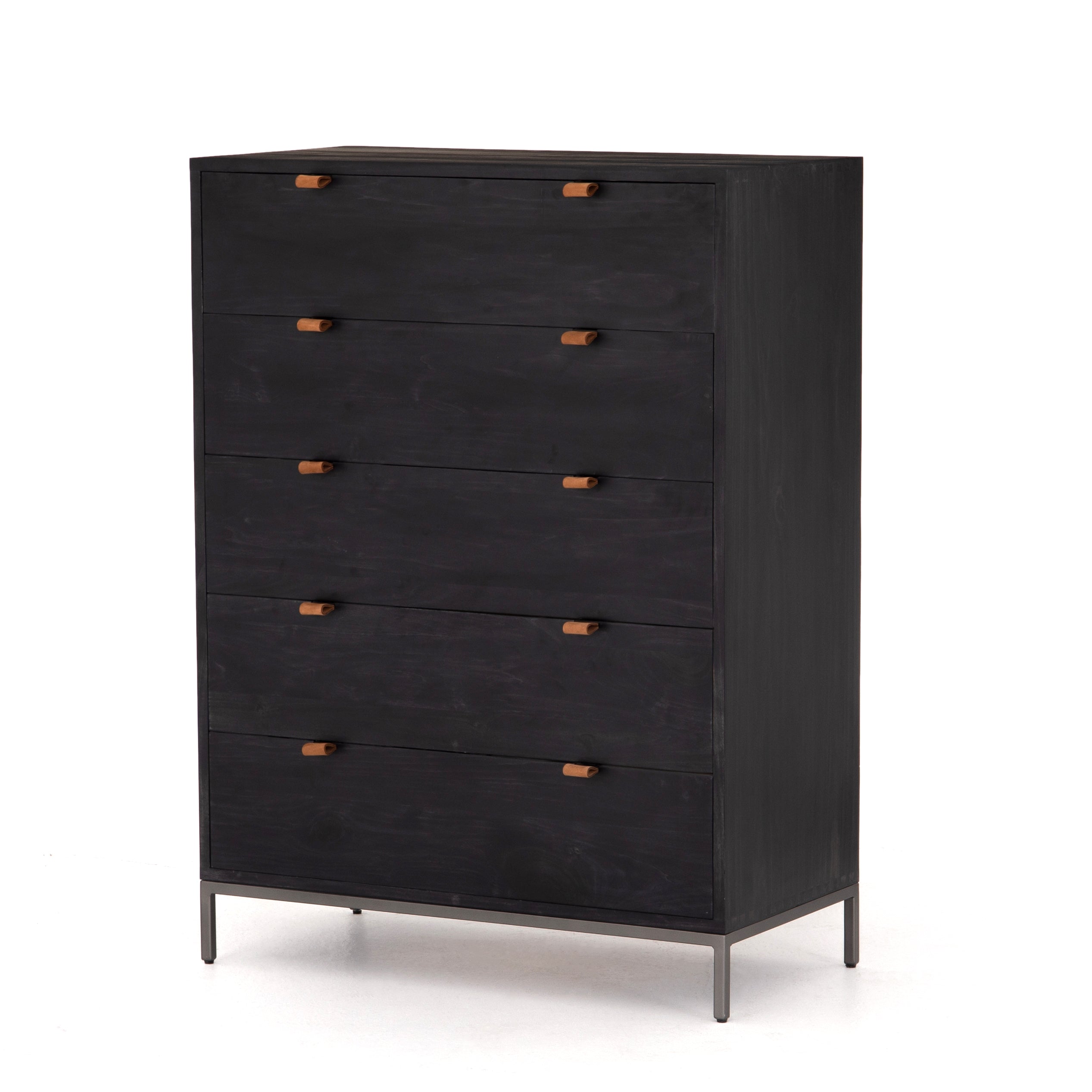 Featuring Trey 5 Drawer Dresser - Black Wash Poplar by Four Hands at Amethyst Home. The toffee leather handles of this Trey 5 Drawer Dresser - Black Wash Poplar bring a classy pop of color and texture to the space. A stylish dresser of black-washed poplar offers plenty of bedroom storage space thanks to five spacious drawers. 
Overall Dimensions: 36"W x .  Amethyst Home provides interior design, new home construction design consulting, vintage area rugs, and lighting in the Kansas City metro area.