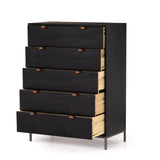 Featuring Trey 5 Drawer Dresser - Black Wash Poplar by Four Hands at Amethyst Home. The toffee leather handles of this Trey 5 Drawer Dresser - Black Wash Poplar bring a classy pop of color and texture to the space. A stylish dresser of black-washed poplar offers plenty of bedroom storage space thanks to five spacious drawers. 
Overall Dimensions: 36"W x 18"L.  Amethyst Home provides interior design, new home construction design consulting, vintage area rugs, and lighting in the Seattle metro area.