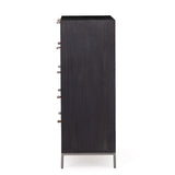 Featuring Trey 5 Drawer Dresser - Black Wash Poplar by Four Hands at Amethyst Home. The toffee leather handles of this Trey 5 Drawer Dresser - Black Wash Poplar bring a classy pop of color and texture to the space. A stylish dresser of black-washed poplar offers plenty of bedroom storage space thanks to five spacious drawers. 
Overall Dimensions: 36"W x 18"L x.  Amethyst Home provides interior design, new home construction design consulting, vintage area rugs, and lighting in the Miami metro area.