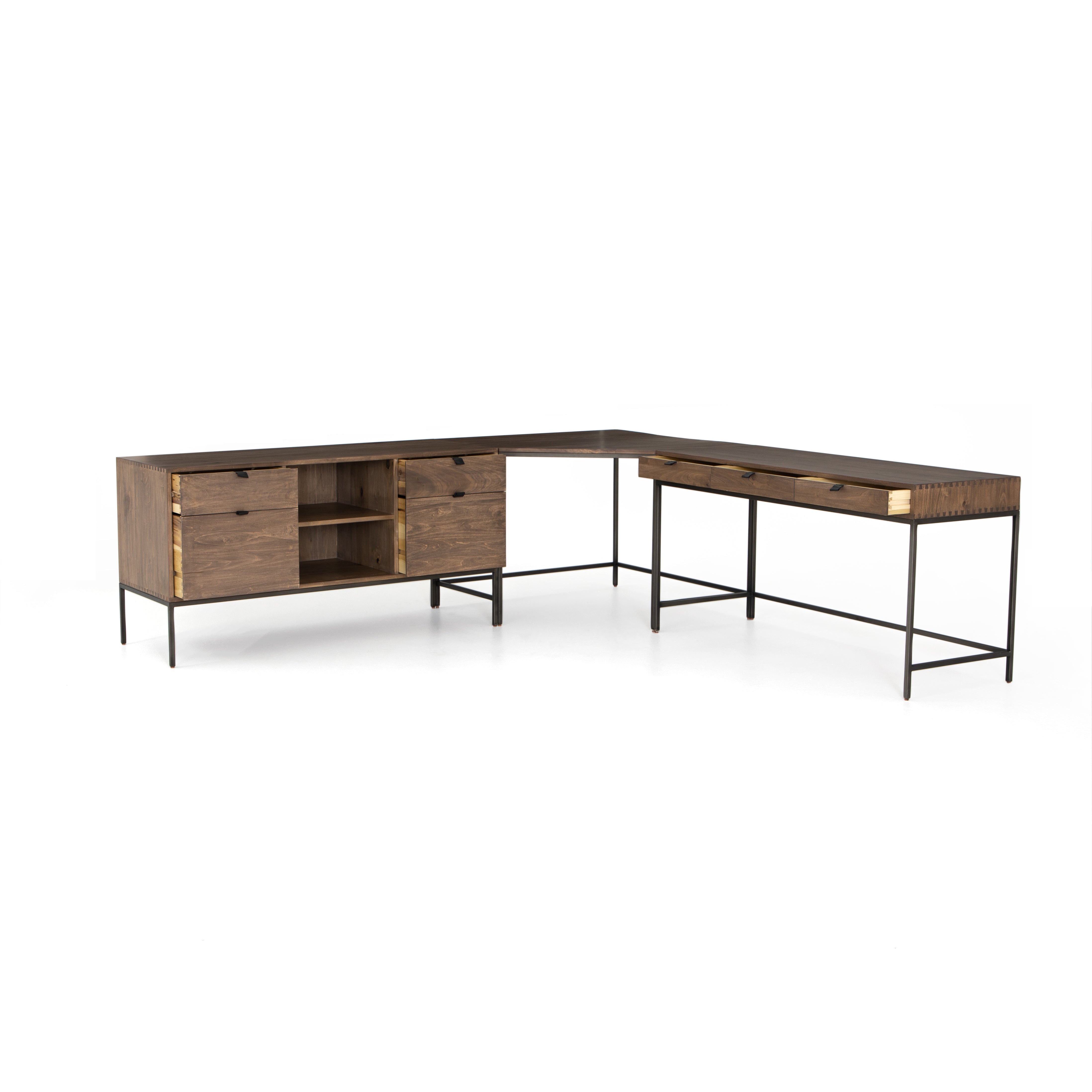Featuring Trey Desk System - Auburn Poplar by Four Hands at Amethyst Home. This Trey Desk System - Auburn Poplar offers plenty of desk storage by way of three spacious drawers. Metal-secured leather pulls add a textural element of surprise to the drawers for handy storage of legal and letter sized documents - a must have for any office space!
With Filing.  Amethyst Home provides interior design, new home construction design consulting, vintage area rugs, and lighting in the Los Angeles metro area.