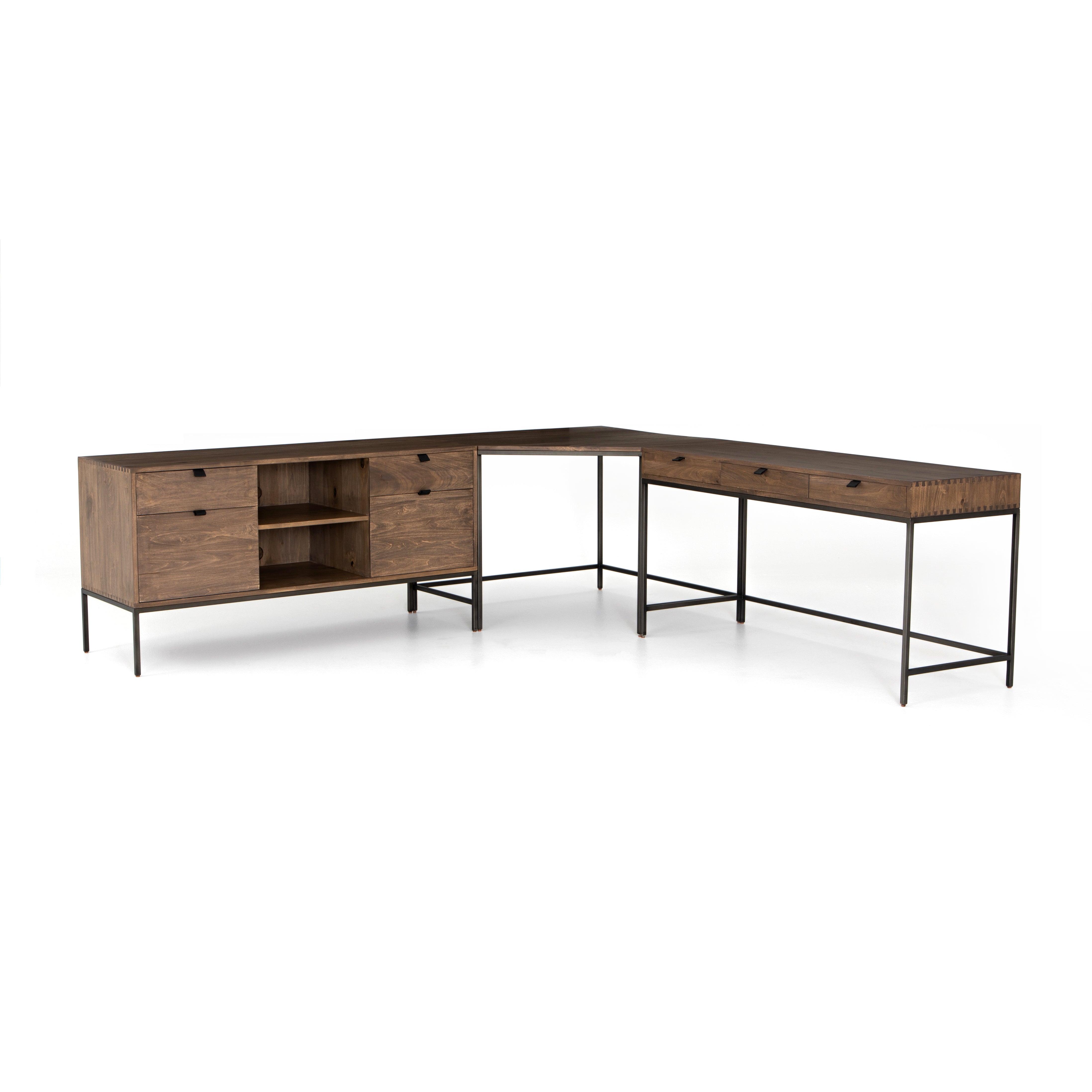 Featuring Trey Desk System - Auburn Poplar by Four Hands at Amethyst Home. This Trey Desk System - Auburn Poplar offers plenty of desk storage by way of three spacious drawers. Metal-secured leather pulls add a textural element of surprise to the drawers for handy storage of legal and letter sized documents - a must have for any office space!
With Filing C.  Amethyst Home provides interior design, new home construction design consulting, vintage area rugs, and lighting in the Charlotte metro area.