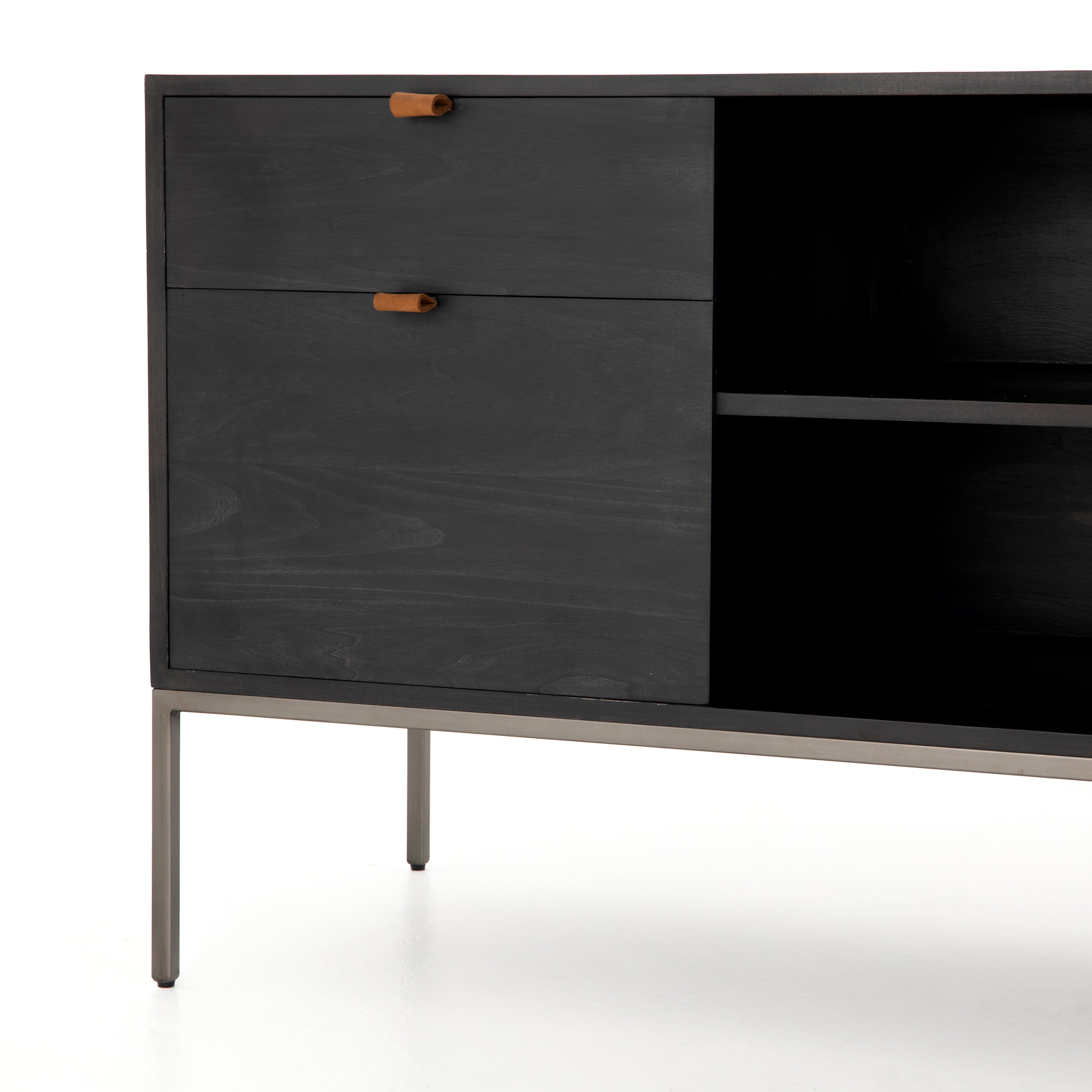 Featuring Trey Modular Filing Credenza - Black Poplar by Four Hands at Amethyst Home. Inspired by clean mid-century design, this Trey Modular Filing Credenza - Black Poplar brings generous storage space to the modern office, with a fully finished back pus metal-secured leather pulls for an element of surprise. Great solo or paired with matching desk or filin.  Amethyst Home provides interior design, new home construction design consulting, vintage area rugs, and lighting in the Seattle metro area.