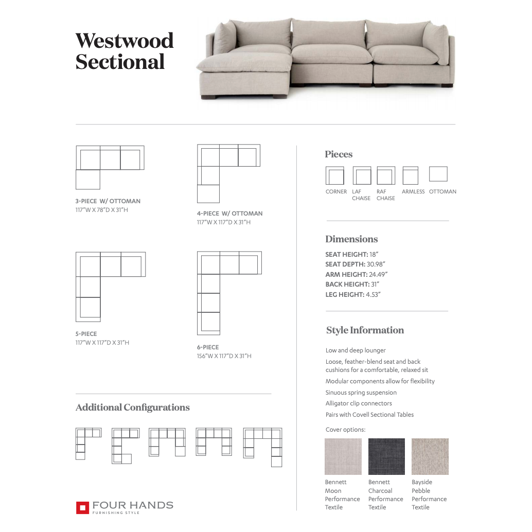 Featuring Westwood Sectional Pieces - Bennett Moon by Four Hands at Amethyst Home. We love the durability in the Westwood Bennett Moon Sectional Pieces. This is the ultimate low-and-deep lounger, perfect for curling up to read your favorite book in. 
Ottoman: 39"w x 39"d x 18"hArmless Piece: 39"w x 39"d x 31"hCorner Piece: 39"w x 39"d x 31"hLeft Arm Piece.  Amethyst Home provides interior design, new home construction design consulting, vintage area rugs, and lighting in the Washington metro area.