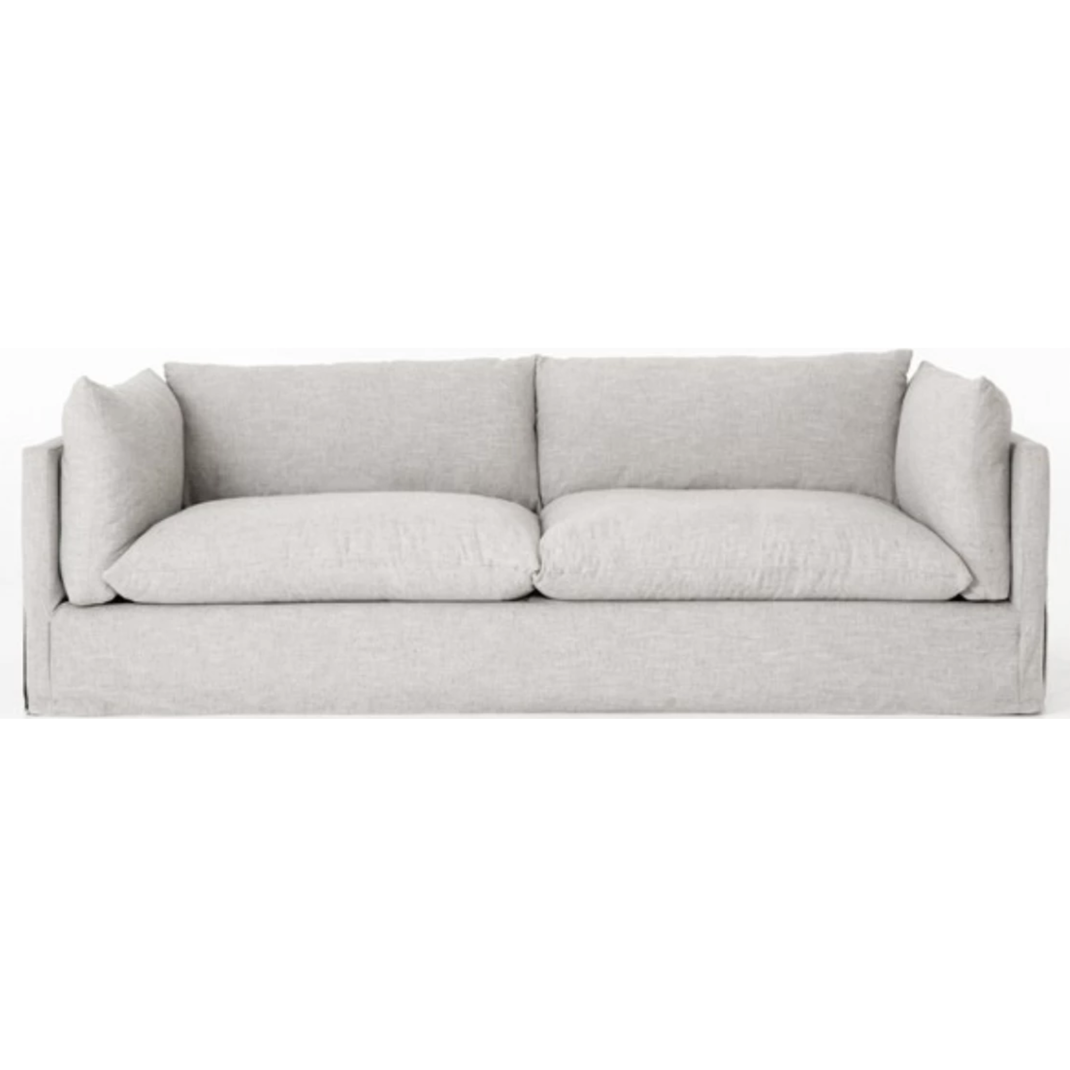 Featuring Habitat Sofa - Valley Nimbus by Four Hands at Amethyst Home. Loungey and slipcovered, the Habitat sofa is made for modern living. Shelter arms and pillow-inspired cushions are covered in comfortable, durable, and stain-resistant performance fabric. The thread within the fabric itself is doused in a material meant to prevent it from becoming stai.  Amethyst Home provides interior design, new home construction design consulting, vintage area rugs, and lighting in the Scottsdale metro area.
