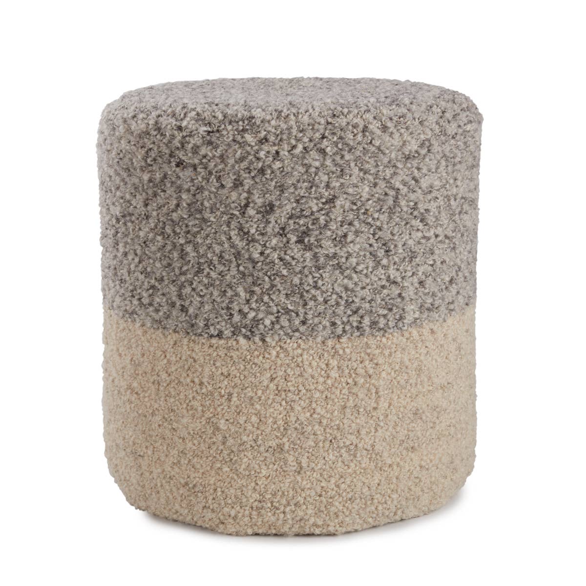 Featuring Folke Micco Volcanic Pouf by Jaipur Living at Amethyst Home. Cozy and stylish in the same moment, the Folke Micco Volcanic Pouf boasts the soft and inviting texture of the on-trend shearling look. Crafted of wool, the cylinder Micco pouf showcases boucle details and a color-blocked design. The heathered gray and cream colorway offers a perfectly .  Amethyst Home provides interior design, new home construction design consulting, vintage area rugs, and lighting in the Charlotte metro area.