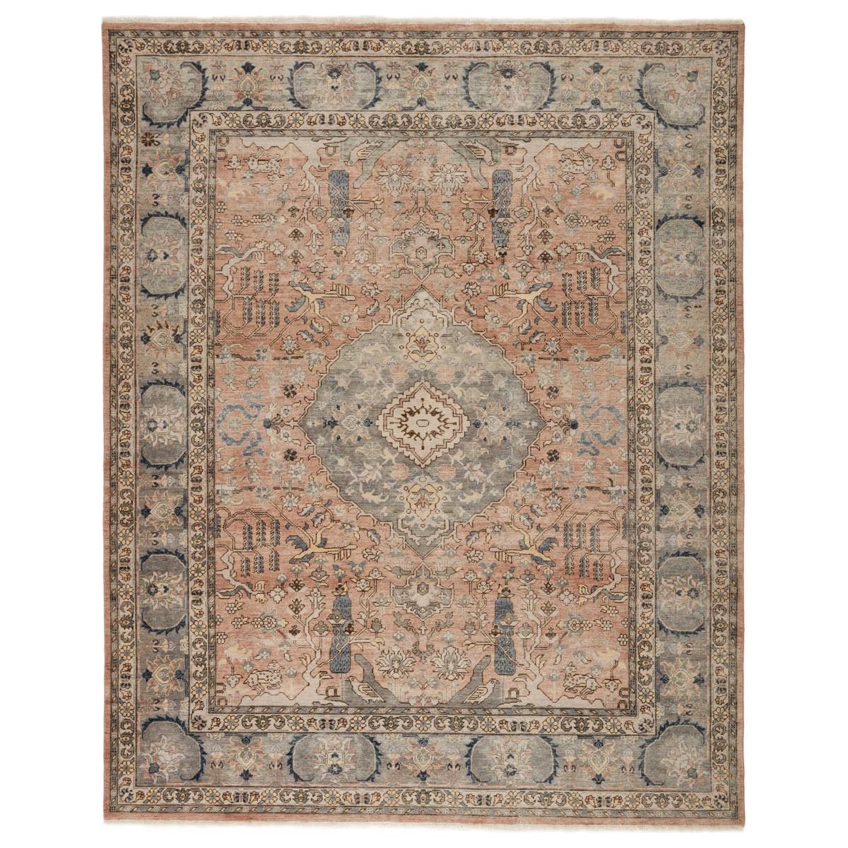 Featuring Someplace in Time Pendulum Hand-Knotted Rug by Jaipur Living at Amethyst Home. Whimsical colorways combine with the opulent detail of a traditional-inspired pattern; the Someplace in Time Pendulum Area Rug represents nostalgia and progression, heritage and the contemporary. In neutral tones of tan, beige, and gray, the inviting Pendulum rug ground s.  Amethyst Home provides interior design, new home construction design consulting, vintage area rugs, and lighting in the Boston metro area.