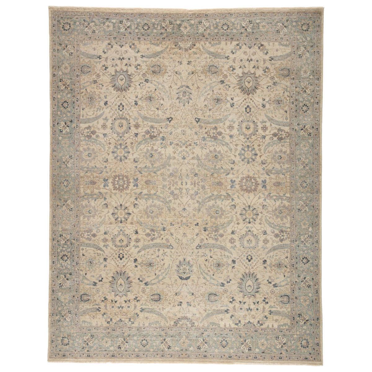 Featuring Tierzah Merey Hand-Knotted Rug by Jaipur Living at Amethyst Home. The vintage-inspired Tierzah Merey Area Rug features an antiqued wash and intricate traditional designs. The Merey wool rug boasts a Persian knot construction and tonal gray and soft beige palette that complements any style. This artisan-made rug features fringe trimmed details for a t.  Amethyst Home provides interior design, new home construction design consulting, vintage area rugs, and lighting in the Miami metro area.