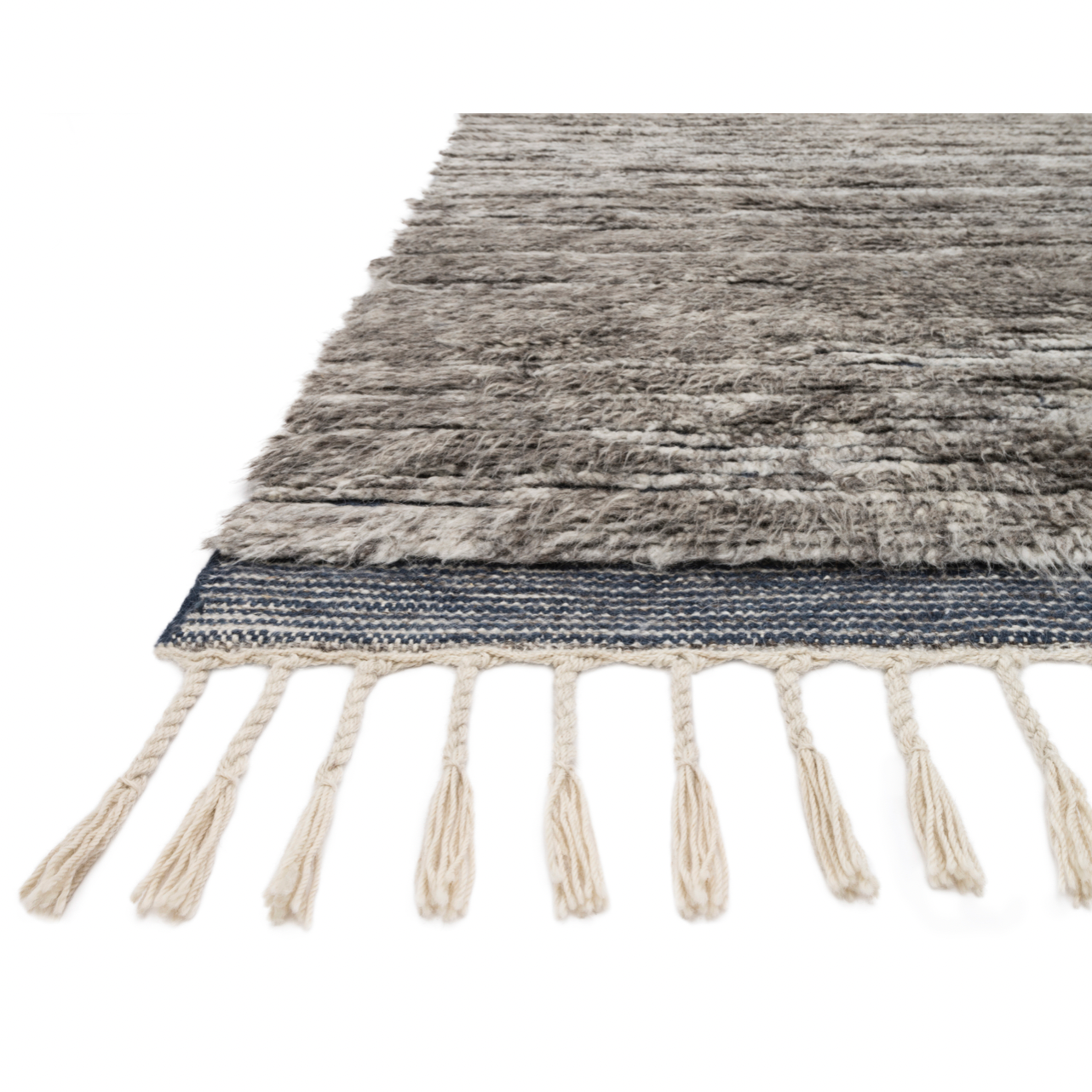 Featuring Khalid Pewter/Ink Hand-Knotted Rug by Loloi at Amethyst Home. A nod to timeless Moroccan style, the Khalid Pewter/Ink Area rug is hand-knotted in India by skilled artisans. The soft pile features 100% natural, undyed wool, lending slight variations in tones that make each piece it's own. Plus, each rug is finished with a thoughtfully designed fring.  Amethyst Home provides interior design, new home construction design consulting, vintage area rugs, and lighting in the Seattle metro area.