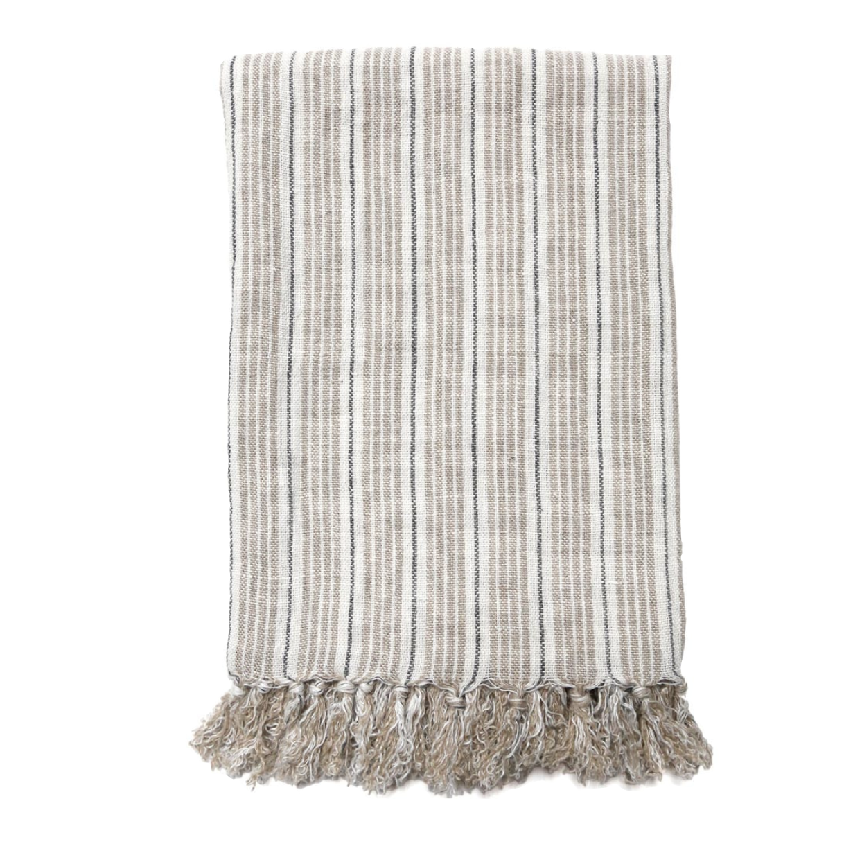 The Newport Throw by Pom Pom at Home is a soft, heavy knit linen that is hand-loomed and features a thicker natural stripe alongside a thin midnight stripe with tassels all along the edge. Size: 50"x70" 100% linen Machine wash cold; tumble dry low; warm iron as needed