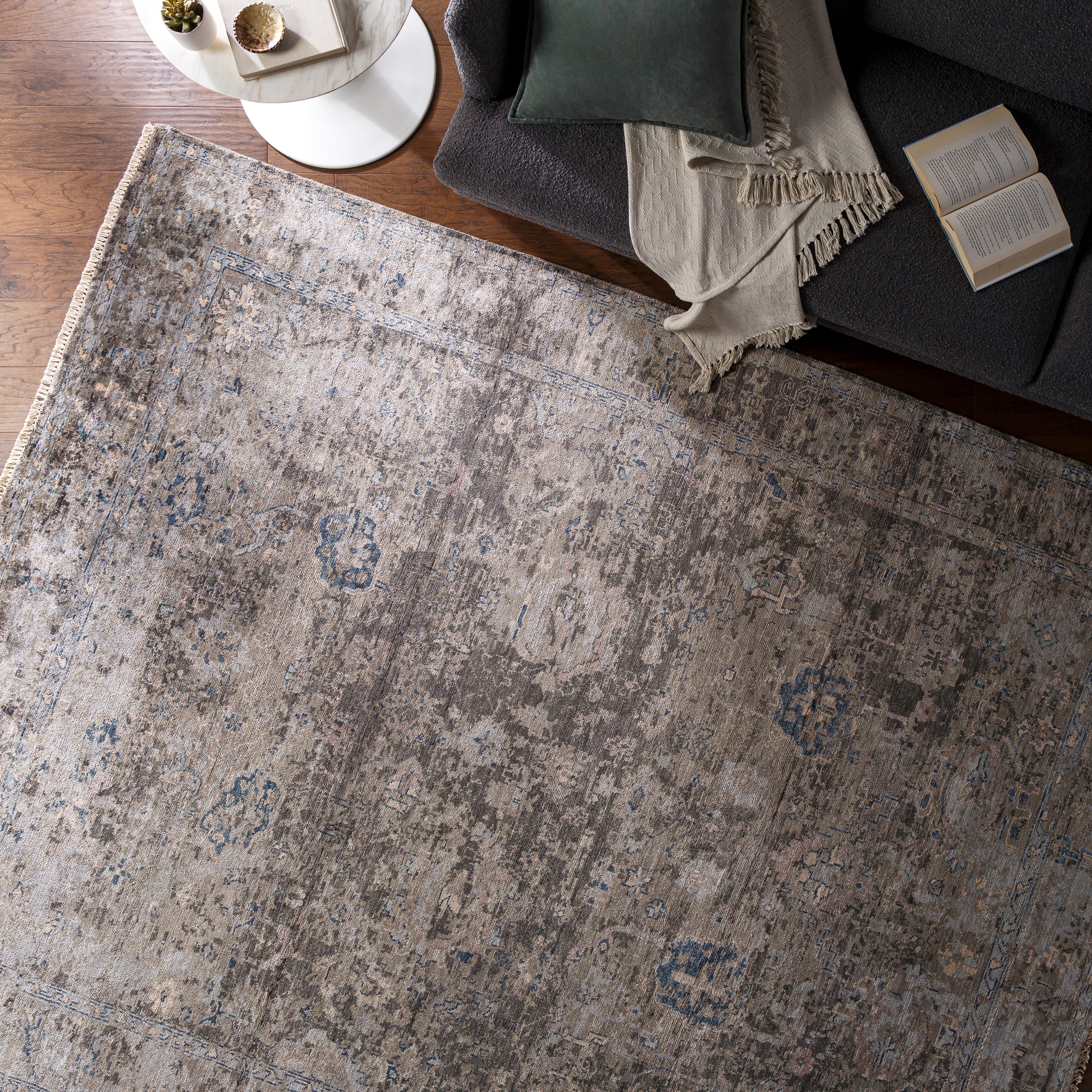 Featuring Theodora Charcoal / Ocean Hand-Knotted Rug by Surya at Amethyst Home. The Theodora Collection showcases traditional inspired designs that exemplify timeless styles of elegance, comfort, and sophistication. With their hand knotted construction, these rugs provide a durability that can not be found in other handmade constructions, and boasts the a.  Amethyst Home provides interior design, new home construction design consulting, vintage area rugs, and lighting in the Scottsdale metro area.