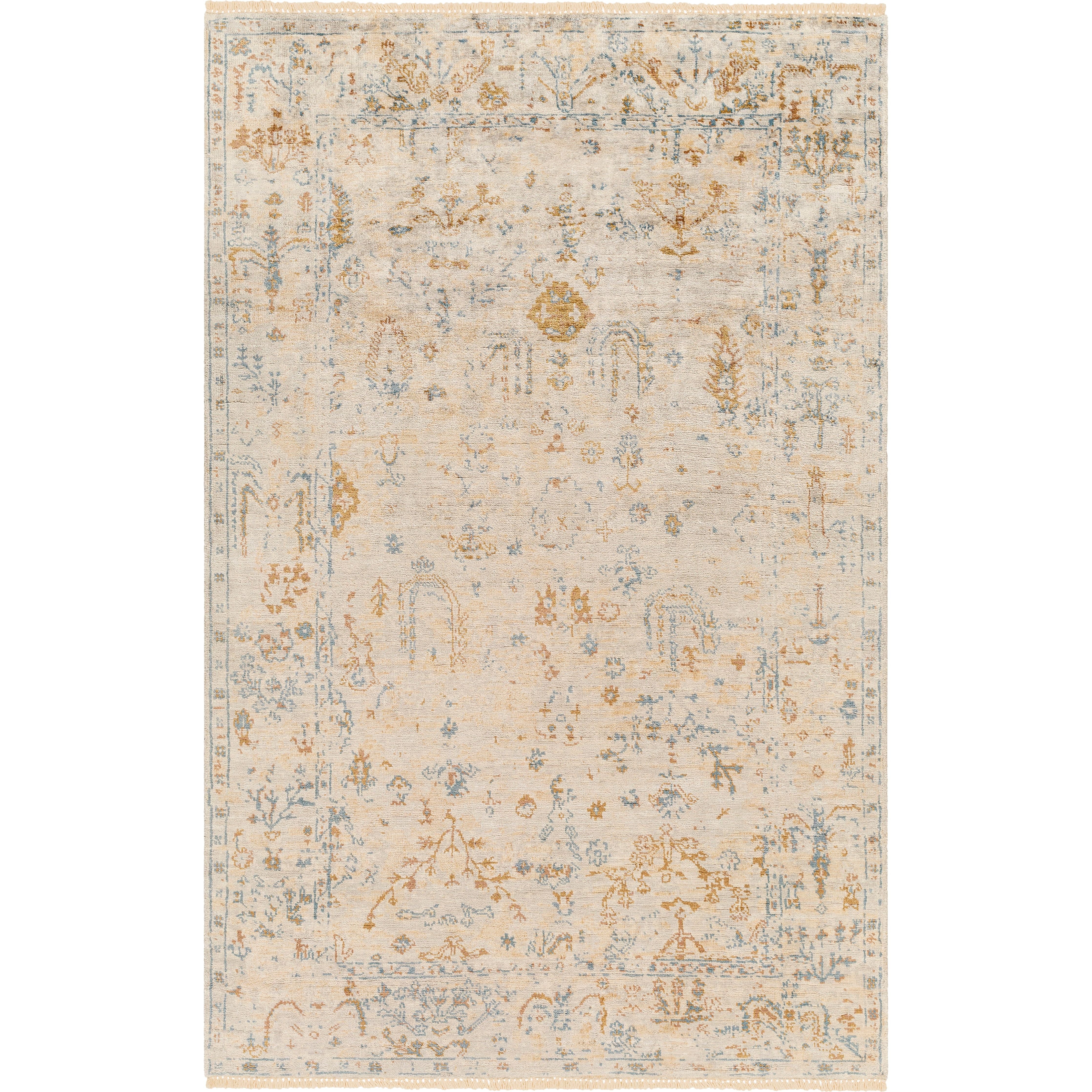 Featuring Theodora Sunset / Ocean Hand-Knotted Rug by Surya at Amethyst Home. The Theodora Collection showcases traditional inspired designs that exemplify timeless styles of elegance, comfort, and sophistication. With their hand knotted construction, these rugs provide a durability that can not be found in other handmade constructions, and boasts the ability.  Amethyst Home provides interior design, new home construction design consulting, vintage area rugs, and lighting in the Dallas metro area.