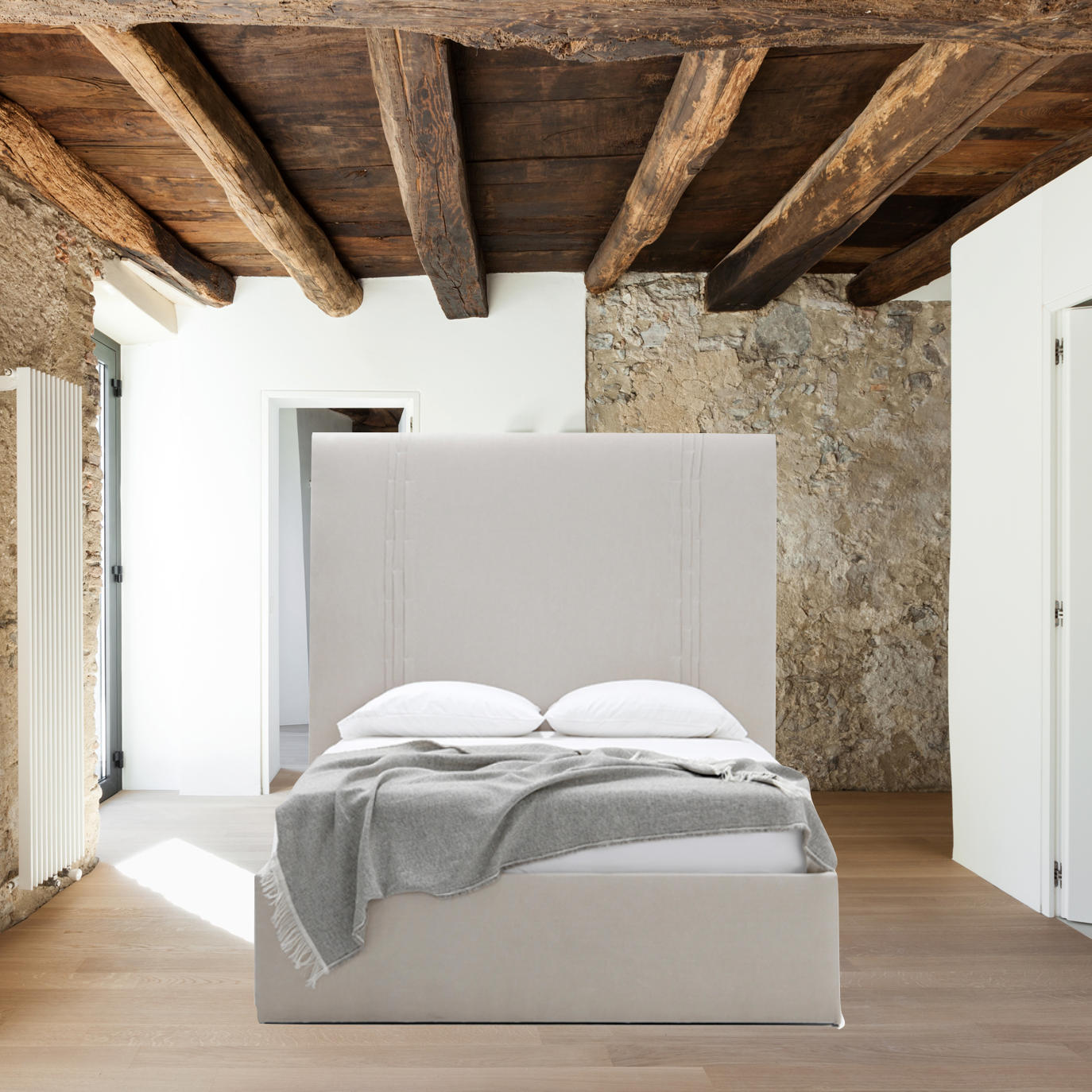 We are in love with the unique details on the Verellen Emilio Bed by Verellen! Standard features include:  Double needle with fan folded pleat detail on headboard Nailhead selection on side panels Upholstered side and front rails Mattress inset 3″ Sits on glides Not available slipcovered Optional: can accommodate 9″ box-spring Fabric is applied up the bolt, seams on footboard and side rails will be visible