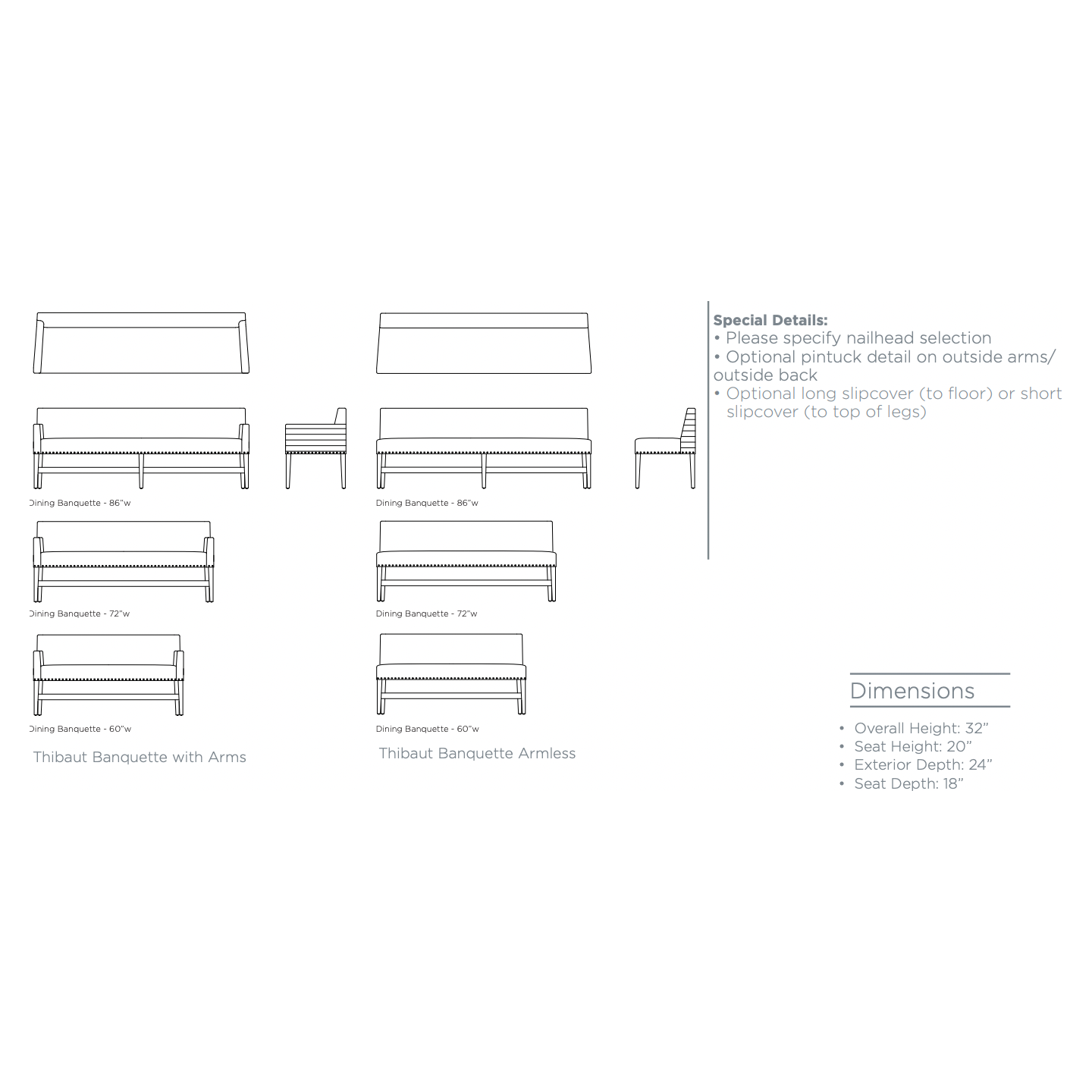 A Verellen best-seller, the Thibaut Banquette is bench-crafted with a sustainably harvested hardwood frame.  Please see tear sheet for standard offerings