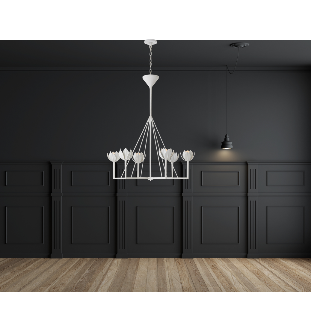 Featuring Alberto Large Single Tier Chandelier by Visual Comfort at Amethyst Home. The Alberto Large Single Tier Chandelier by Visual Comfort has gorgeous, thin arms with a stunning flower placed atop each head. This gives a unique, bright look to any dining room, living room, or other large area.
Overall Dimensions: 40" L x 40" W x 46.75" H.  Amethyst Home provides interior design, new home construction design consulting, vintage area rugs, and lighting in the Salt Lake City metro area.