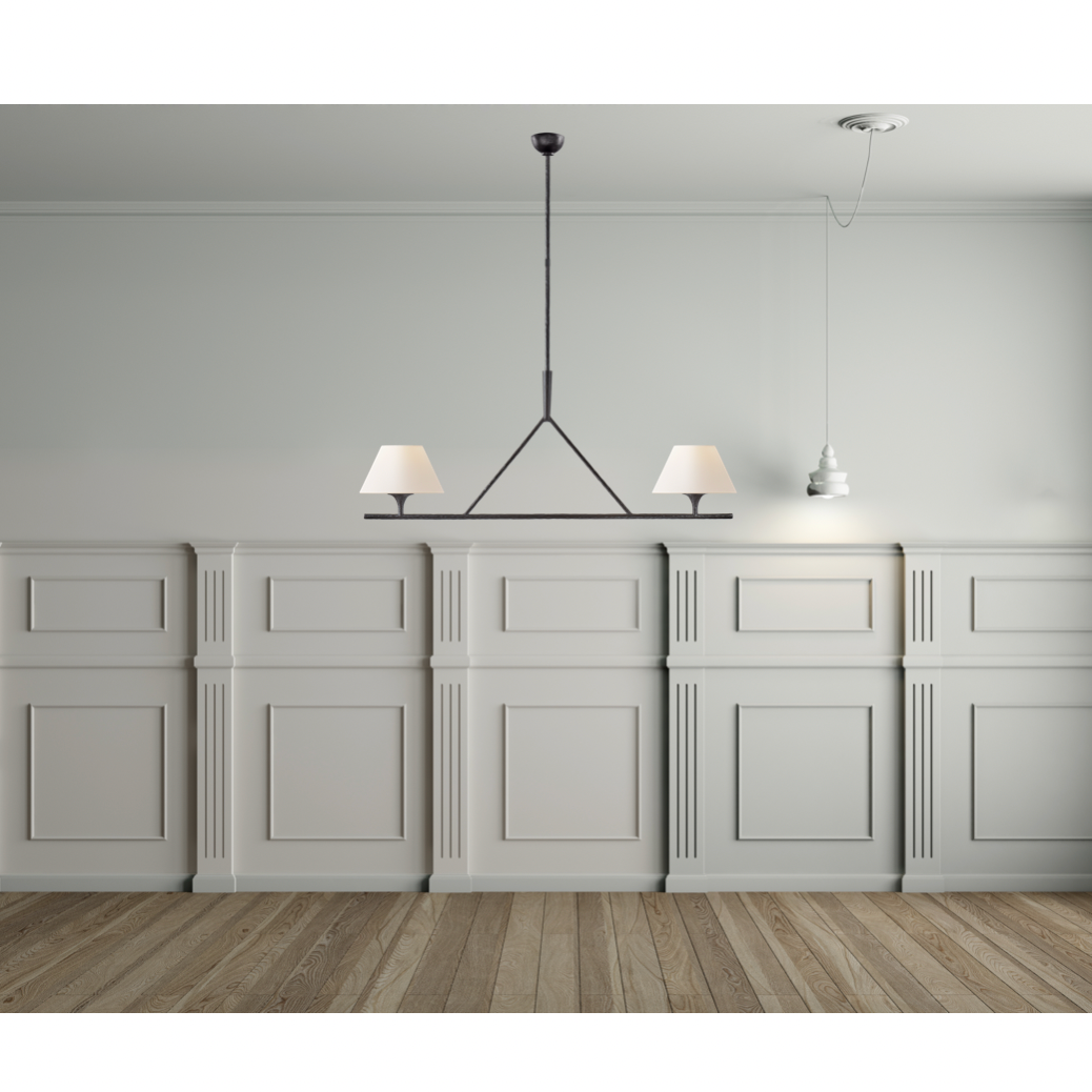 Featuring Cesta Linear Chandelier by Visual Comfort at Amethyst Home. The Cesta Linear Chandelier by Visual Comfort is finished in aged iron with a linen shade. We love the timeless look it brings to a living room, dining room, or other large area. 
Overall Dimensions: 54" L x 54" W x 57.5" HWeight: 24 lbs.  Amethyst Home provides interior design, new home construction design consulting, vintage area rugs, and lighting in the Scottsdale metro area.