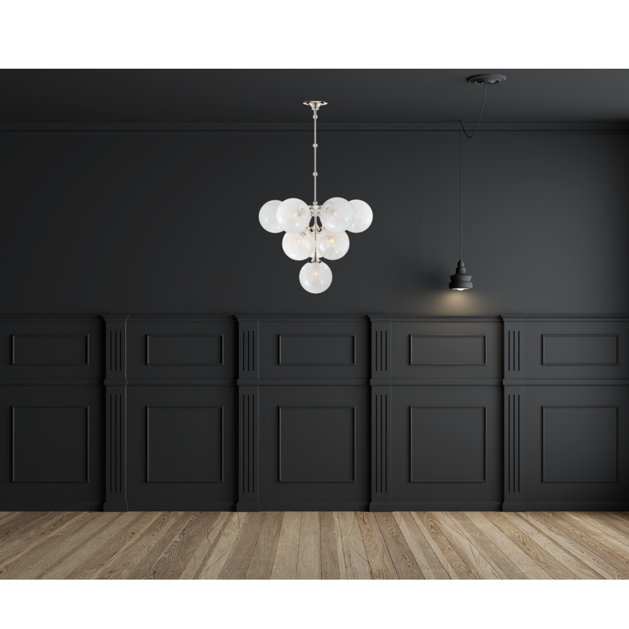 Featuring Cristol Medium Chandelier by Visual Comfort at Amethyst Home. We love the white strie glass globes on this Cristol Medium Chandelier by Visual Comfort. It brings a stunning and unique look to any living room, dining room, or kitchen. 
Overall Dimensions: 28" L x 28" W x 46.25" H
Weight: 42 lbs..  Amethyst Home provides interior design, new home construction design consulting, vintage area rugs, and lighting in the Dallas metro area.