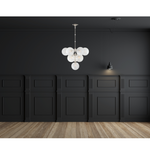 Featuring Cristol Medium Chandelier by Visual Comfort at Amethyst Home. We love the white strie glass globes on this Cristol Medium Chandelier by Visual Comfort. It brings a stunning and unique look to any living room, dining room, or kitchen. 
Overall Dimensions: 28" L x 28" W x 46.25" H
Weight: 42 lbs..  Amethyst Home provides interior design, new home construction design consulting, vintage area rugs, and lighting in the Dallas metro area.