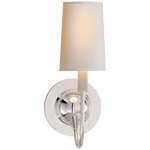 Featuring Elkins Sconce by Visual Comfort at Amethyst Home. With a shapley stem, this Elkins Sconce brings an attractive source of light to any bedroom, hallway or other area. 
Polished Nickel, Antique Nickel with Polished Nickel, and Bronze with Antique Brass have paper shades. 
Antique Brass with Chocolate has a Fawn Silk shade. 
Overall Dimensions: 5.5" L.  Amethyst Home provides interior design, new home construction design consulting, vintage area rugs, and lighting in the Seattle metro area.