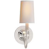 Featuring Elkins Sconce by Visual Comfort at Amethyst Home. With a shapley stem, this Elkins Sconce brings an attractive source of light to any bedroom, hallway or other area. 
Polished Nickel, Antique Nickel with Polished Nickel, and Bronze with Antique Brass have paper shades. 
Antique Brass with Chocolate has a Fawn Silk shade. 
Overall Dimensions: 5.5" L.  Amethyst Home provides interior design, new home construction design consulting, vintage area rugs, and lighting in the Seattle metro area.