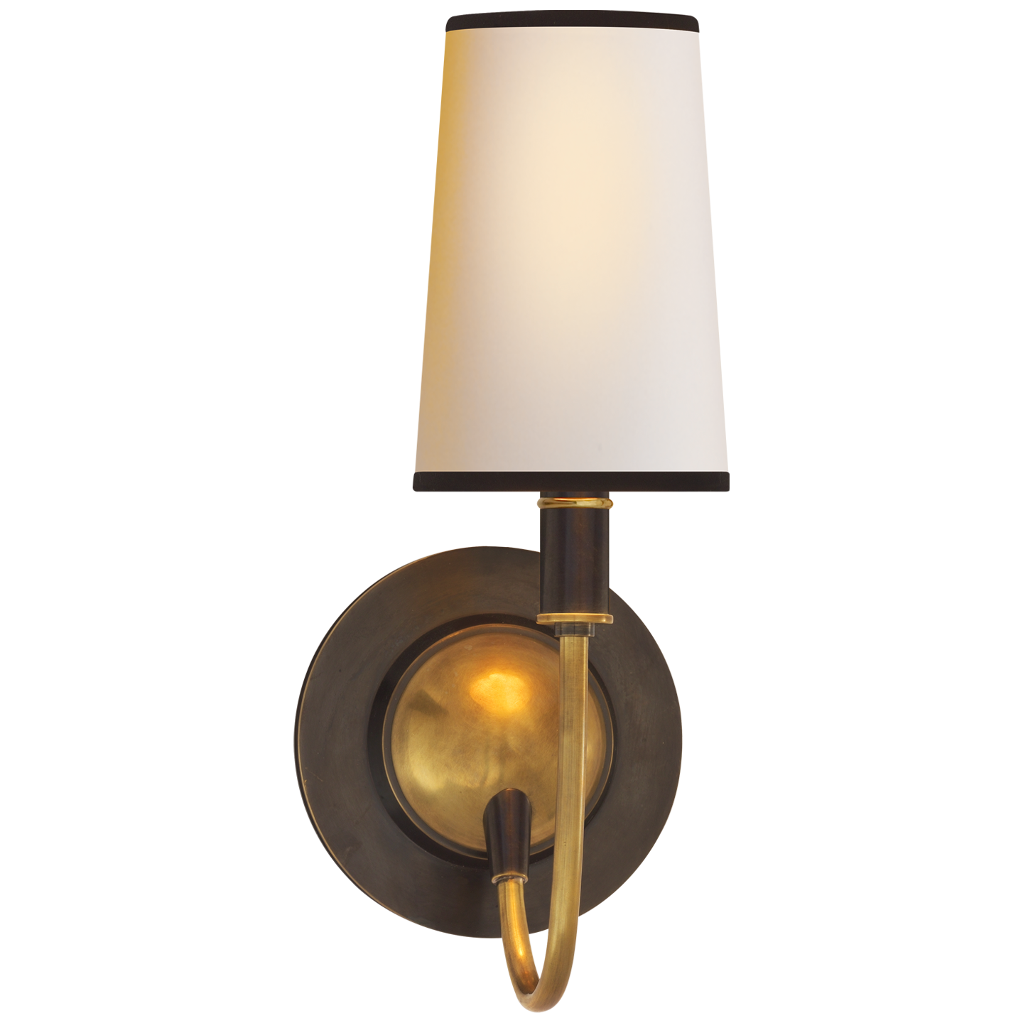 Featuring Elkins Sconce by Visual Comfort at Amethyst Home. With a shapley stem, this Elkins Sconce brings an attractive source of light to any bedroom, hallway or other area. 
Polished Nickel, Antique Nickel with Polished Nickel, and Bronze with Antique Brass have paper shades. 
Antique Brass with Chocolate has a Fawn Silk shade. 
Overall Dimensions: 5.5".  Amethyst Home provides interior design, new home construction design consulting, vintage area rugs, and lighting in the Charlotte metro area.