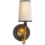 Featuring Elkins Sconce by Visual Comfort at Amethyst Home. With a shapley stem, this Elkins Sconce brings an attractive source of light to any bedroom, hallway or other area. 
Polished Nickel, Antique Nickel with Polished Nickel, and Bronze with Antique Brass have paper shades. 
Antique Brass with Chocolate has a Fawn Silk shade. 
Overall Dimensions: 5.5".  Amethyst Home provides interior design, new home construction design consulting, vintage area rugs, and lighting in the Charlotte metro area.