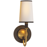 Featuring Elkins Sconce by Visual Comfort at Amethyst Home. With a shapley stem, this Elkins Sconce brings an attractive source of light to any bedroom, hallway or other area. 
Polished Nickel, Antique Nickel with Polished Nickel, and Bronze with Antique Brass have paper shades. 
Antique Brass with Chocolate has a Fawn Silk shade. 
Overall Dimensions: 5.5".  Amethyst Home provides interior design, new home construction design consulting, vintage area rugs, and lighting in the Charlotte metro area.