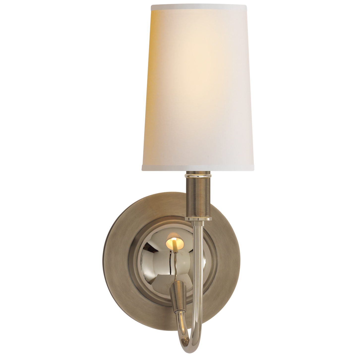 Featuring Elkins Sconce by Visual Comfort at Amethyst Home. With a shapley stem, this Elkins Sconce brings an attractive source of light to any bedroom, hallway or other area. 
Polished Nickel, Antique Nickel with Polished Nickel, and Bronze with Antique Brass have paper shades. 
Antique Brass with Chocolate has a Fawn Silk shade. 
Overall Dimensions: 5.5".  Amethyst Home provides interior design, new home construction design consulting, vintage area rugs, and lighting in the San Diego metro area.