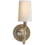 Featuring Elkins Sconce by Visual Comfort at Amethyst Home. With a shapley stem, this Elkins Sconce brings an attractive source of light to any bedroom, hallway or other area. 
Polished Nickel, Antique Nickel with Polished Nickel, and Bronze with Antique Brass have paper shades. 
Antique Brass with Chocolate has a Fawn Silk shade. 
Overall Dimensions: 5.5".  Amethyst Home provides interior design, new home construction design consulting, vintage area rugs, and lighting in the San Diego metro area.