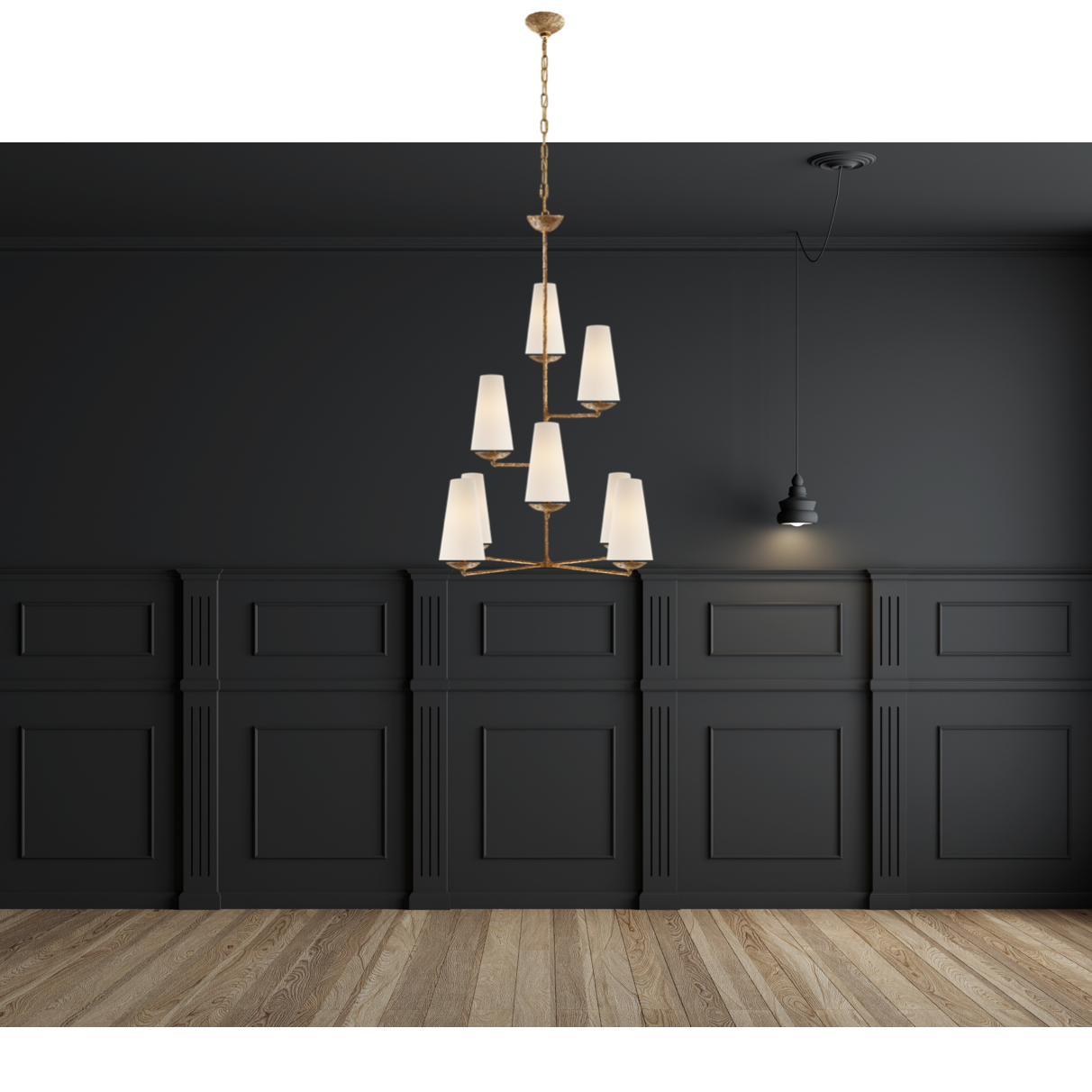 Featuring Fontaine Vertical Chandelier by Visual Comfort at Amethyst Home. We love the textured look of the Fontaine Vertical Chandelier by Visual Comfort. The layered linen shades brings a classy, warm look to any living room, dining room, or other large area. 
Overall Dimensions: 34.25" L x 34.25" W x 45.25" H
Weight: 23 lbs.  Amethyst Home provides interior design, new home construction design consulting, vintage area rugs, and lighting in the Miami metro area.