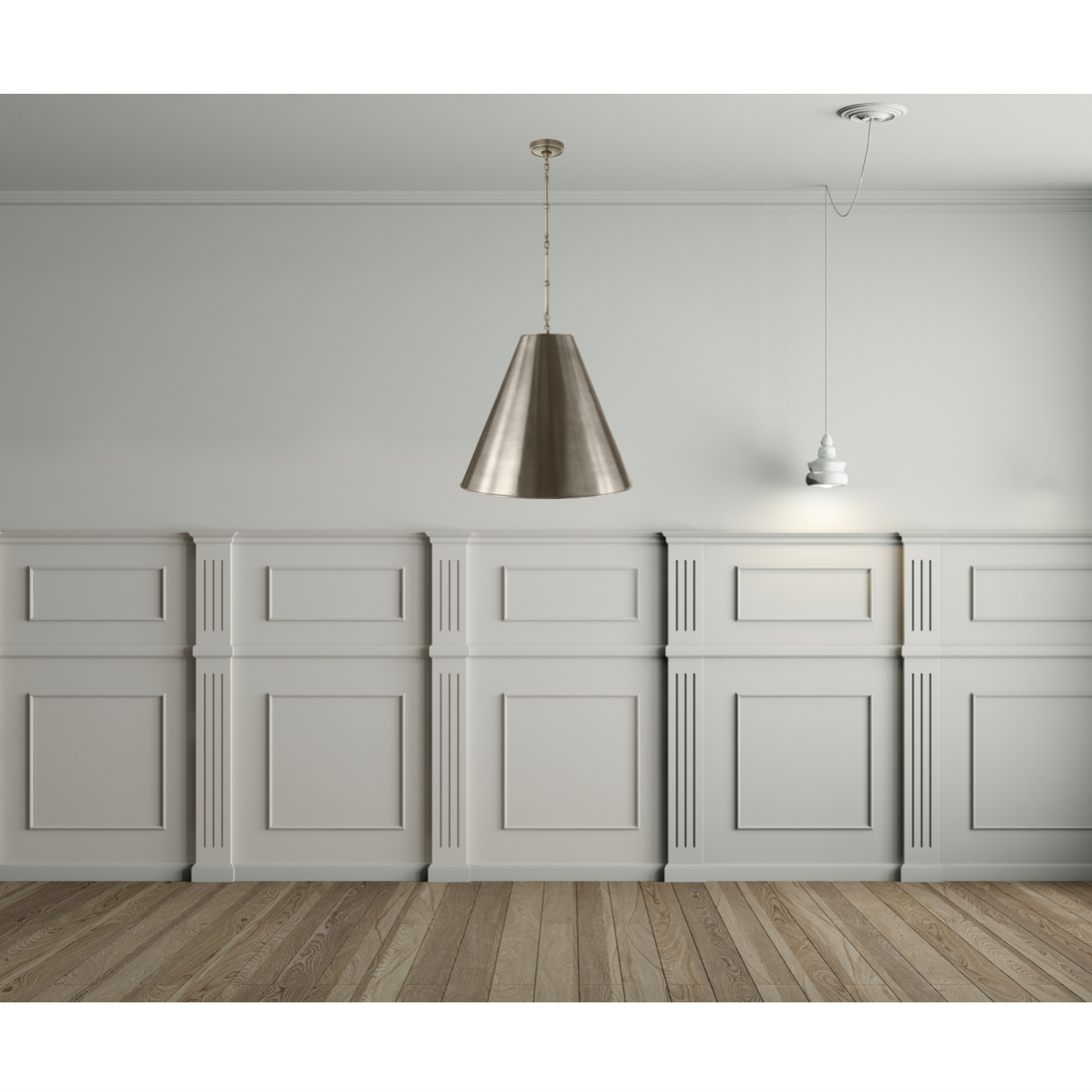 Featuring Goodman Large Hanging Lamp by Visual Comfort at Amethyst Home. The Goodman Large Hanging Lamp by Visual Comfort gives us all the industrial and farmhouse vibes. Available in four different finishes, this looks gorgeous hanging over a kitchen island, sink, or other large area.
Overall Dimensions: 24.5" L x 24.5" W x 48.5" HWeight: 20 lbs.  Amethyst Home provides interior design, new home construction design consulting, vintage area rugs, and lighting in the Austin metro area.