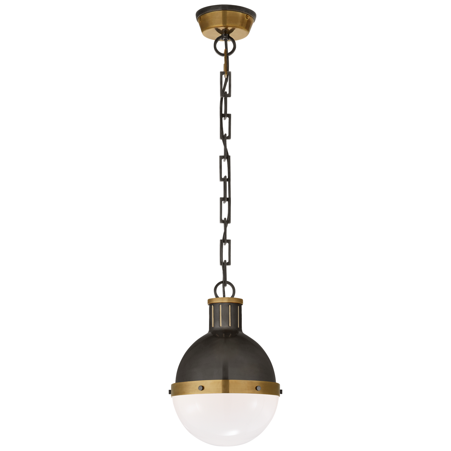 Featuring Hicks Small Pendant by Visual Comfort at Amethyst Home. We love the white glass globe shade on this Hicks Small Pendant. Hang it over your kitchen island or sink to bring the space an industrial feel. 
Overall Dimensions: 8.5" L x 8.5" W x 11.75" HWeight: 10 lbs..  Amethyst Home provides interior design, new home construction design consulting, vintage area rugs, and lighting in the Scottsdale metro area.