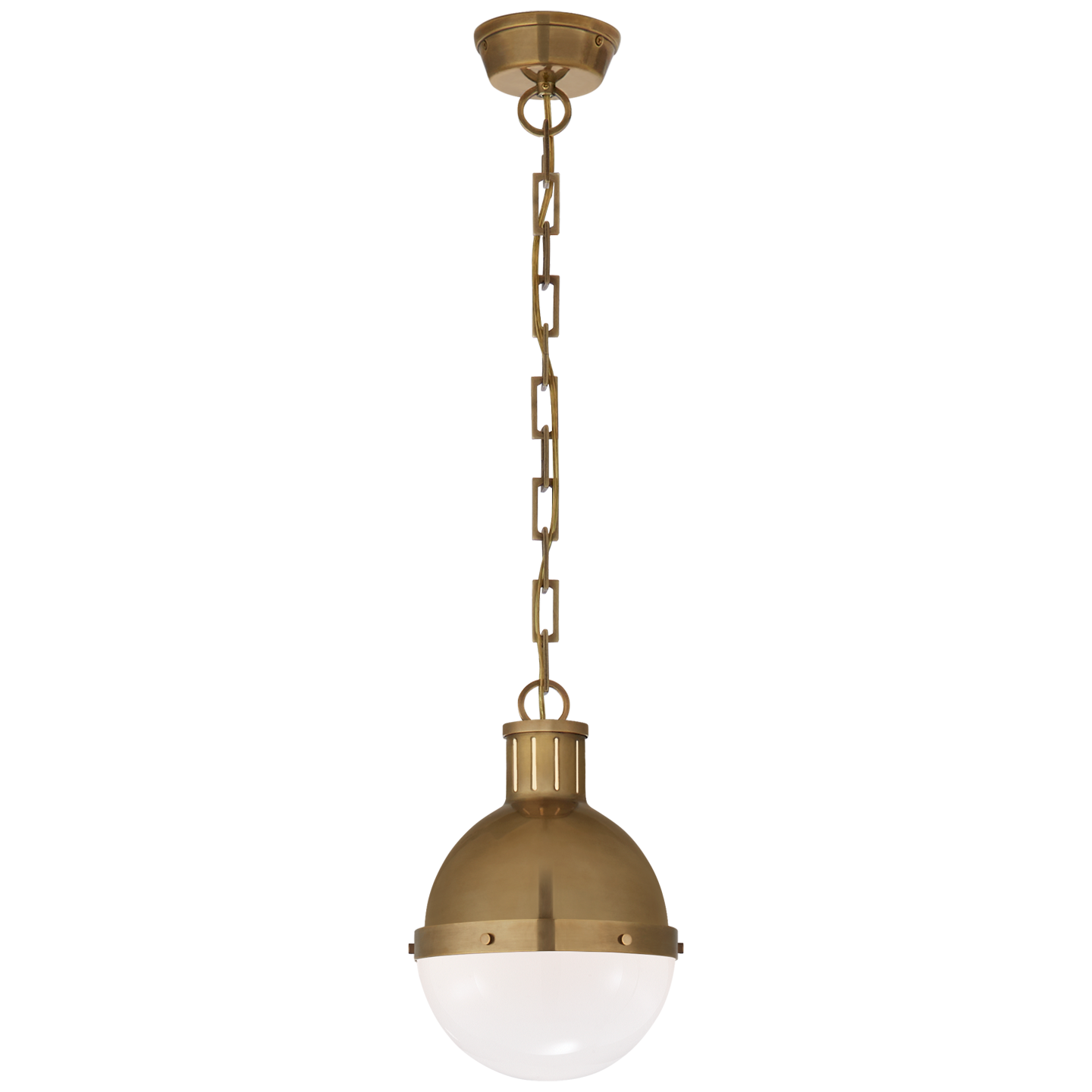 Featuring Hicks Small Pendant by Visual Comfort at Amethyst Home. We love the white glass globe shade on this Hicks Small Pendant. Hang it over your kitchen island or sink to bring the space an industrial feel. 
Overall Dimensions: 8.5" L x 8.5" W x 11.75" HWeight: 10 lbs..  Amethyst Home provides interior design, new home construction design consulting, vintage area rugs, and lighting in the Seattle metro area.