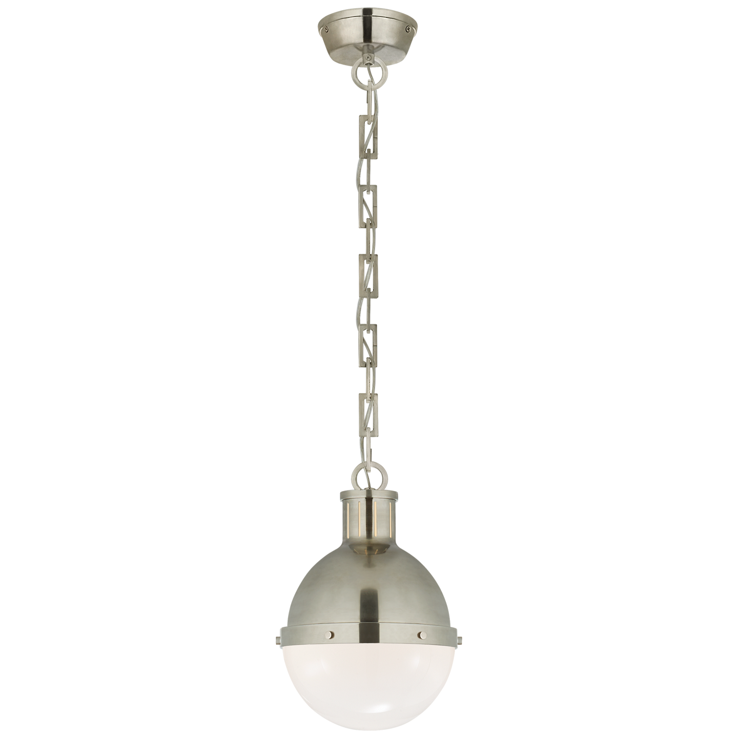 Featuring Hicks Small Pendant by Visual Comfort at Amethyst Home. We love the white glass globe shade on this Hicks Small Pendant. Hang it over your kitchen island or sink to bring the space an industrial feel. 
Overall Dimensions: 8.5" L x 8.5" W x 11.75" HWeight: 10 lbs..  Amethyst Home provides interior design, new home construction design consulting, vintage area rugs, and lighting in the Salt Lake City metro area.