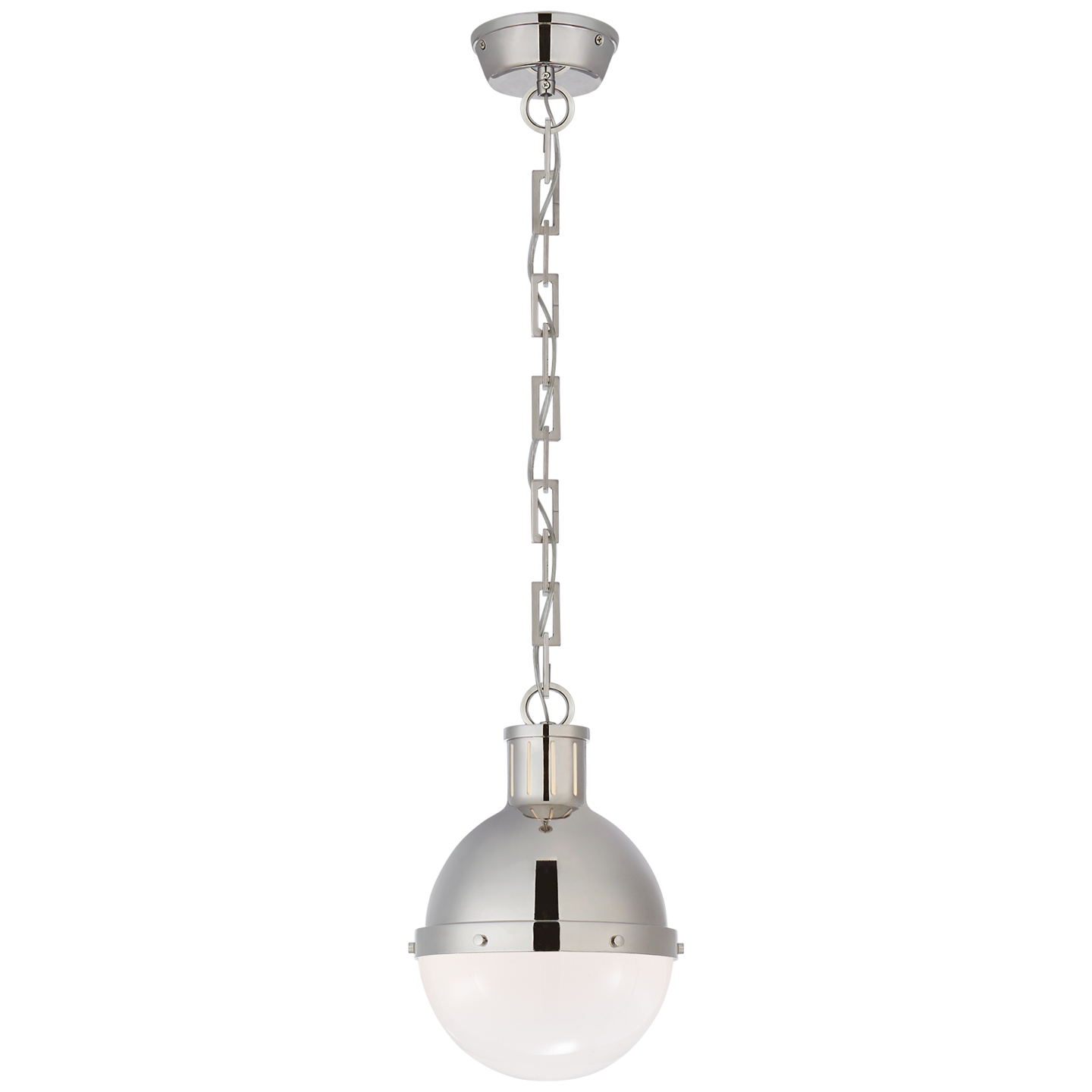 Featuring Hicks Small Pendant by Visual Comfort at Amethyst Home. We love the white glass globe shade on this Hicks Small Pendant. Hang it over your kitchen island or sink to bring the space an industrial feel. 
Overall Dimensions: 8.5" L x 8.5" W x 11.75" HWeight: 10 lbs..  Amethyst Home provides interior design, new home construction design consulting, vintage area rugs, and lighting in the Monterey metro area.