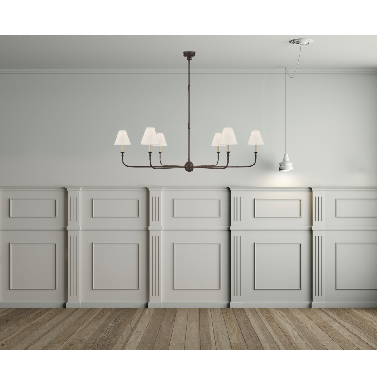 Featuring Piaf Grande Chandelier by Visual Comfort at Amethyst Home. This Piaf Grande Chandelier from Visual Comfort has linen shades and brings a warm, classic look to any entry way, living room, or other large area. 
Overall Dimensions: 58" L x 58" W x 56.75" HWeight: 40 lbs.  Amethyst Home provides interior design, new home construction design consulting, vintage area rugs, and lighting in the Charlotte metro area.
