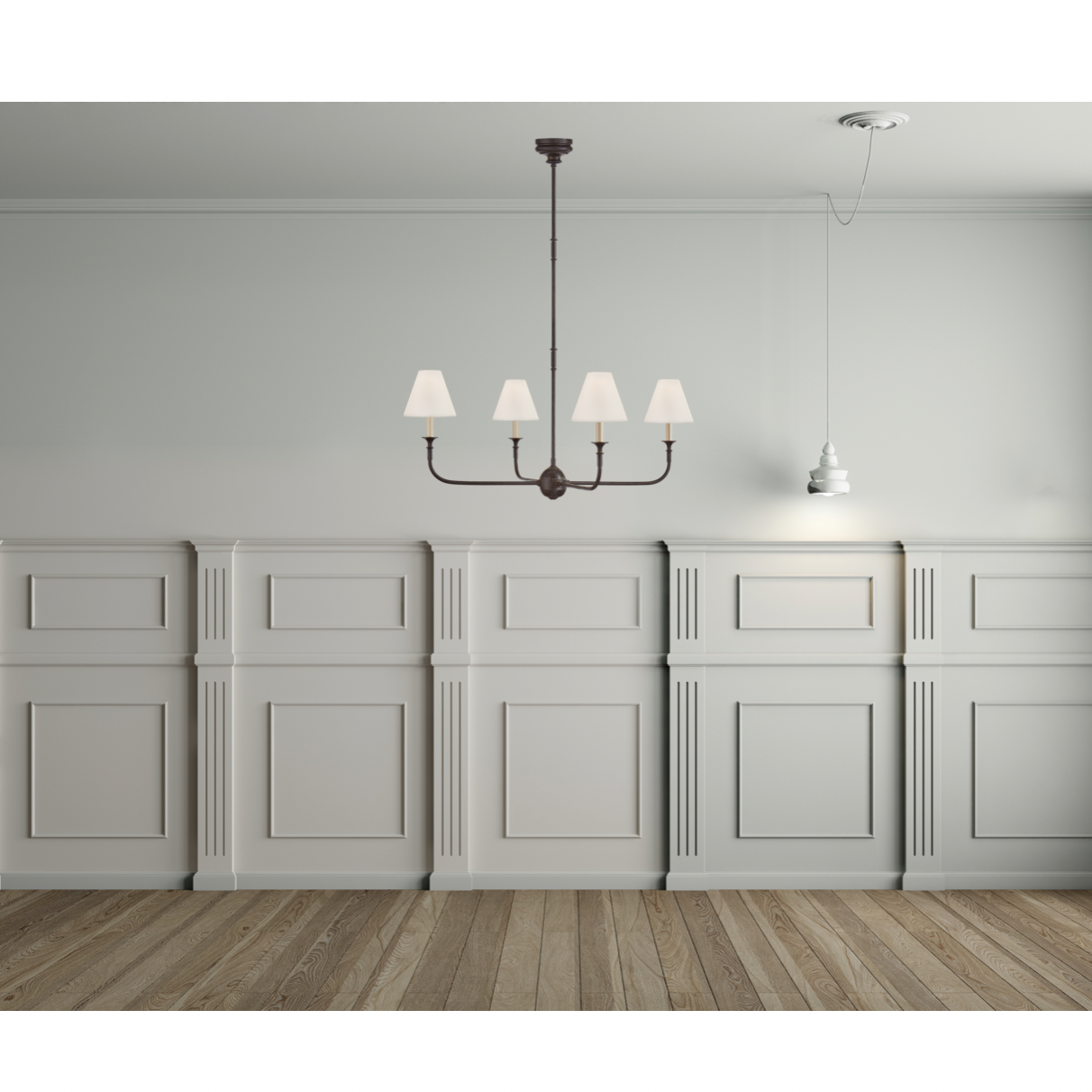Featuring Piaf Large Chandelier by Visual Comfort at Amethyst Home. We love the thin arms of this Piaf Large Chandelier from Visual Comfort.  The linen shades brings a warm, classic look to any dining room, living room, or other large space. 
Overall Dimensions: 39.25" L x 39.25" W x 56.75" HWeight: 19 lbs.  Amethyst Home provides interior design, new home construction design consulting, vintage area rugs, and lighting in the Des Moines metro area.