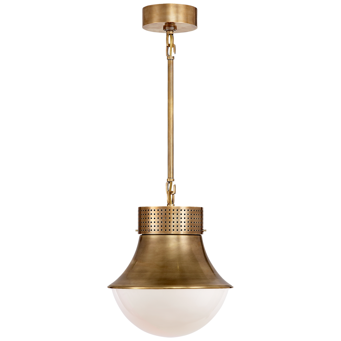 Featuring Precision Small Pendant by Visual Comfort at Amethyst Home. This Precision Small Pendant has a gorgeous white glass shade that brings a clean, bright light to any space. We'd love to see this hung over a kitchen sink, island, or other area. 
Overall Dimensions: 10" L x 10" W x 51" HWeight: 9 lbs..  Amethyst Home provides interior design, new home construction design consulting, vintage area rugs, and lighting in the Nashville metro area.