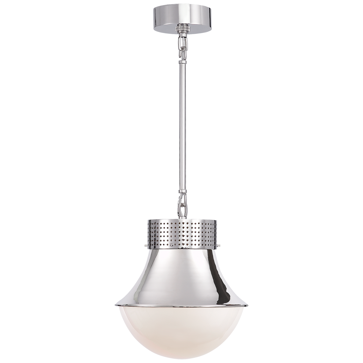 Featuring Precision Small Pendant by Visual Comfort at Amethyst Home. This Precision Small Pendant has a gorgeous white glass shade that brings a clean, bright light to any space. We'd love to see this hung over a kitchen sink, island, or other area. 
Overall Dimensions: 10" L x 10" W x 51" HWeight: 9 lbs..  Amethyst Home provides interior design, new home construction design consulting, vintage area rugs, and lighting in the Portland metro area.