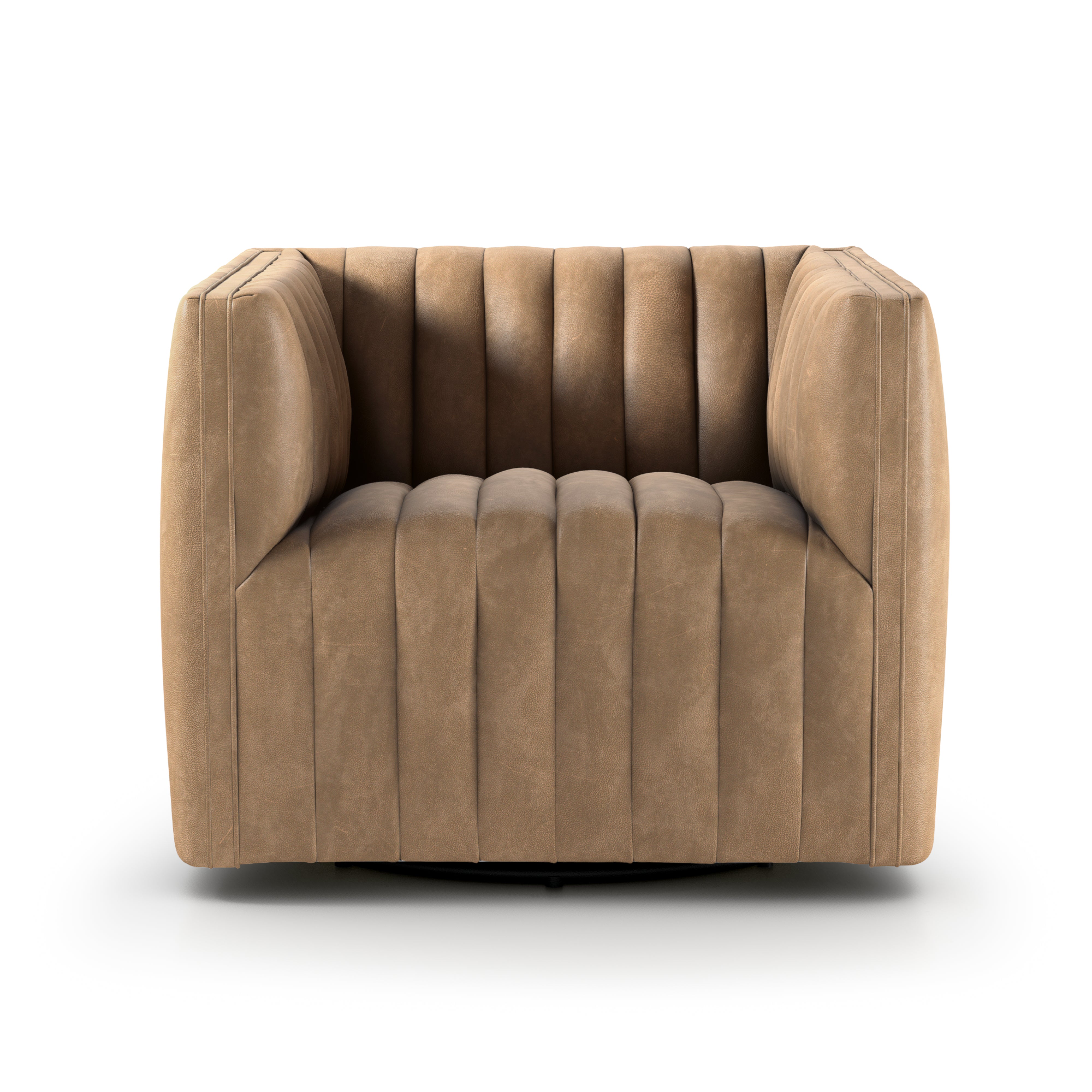 A modern take on the classic library chair, neutral seating in top-grain leather adopts dramatic channeling for trend-forward texture and sumptuous sit. A 360-swivel delivers appeal from every angle. Amethyst Home provides interior design, new home construction design consulting, vintage area rugs, and lighting in the Houston metro area.