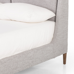 Featuring Potter Manor Grey Bed by Four Hands at Amethyst Home. Light, livable luxury. Upholstered in a grey synthetic-blend, a tapered headboard features fixed overscale pillows, for a calming look with great depth. Wire-brushed parawood legs lend a warm, natural finishing touch. Performance fabrics are specially created to withstand spills, stains, hig. Amethyst Home provides interior design, new home construction design consulting, vintage area rugs, and lighting in the Laguna Beach metro area.