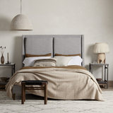 Featuring Potter Manor Grey Bed by Four Hands at Amethyst Home. Light, livable luxury. Upholstered in a grey synthetic-blend, a tapered headboard features fixed overscale pillows, for a calming look with great depth. Wire-brushed parawood legs lend a warm, natural finishing touch. Performance fabrics are specially created to withstand spills, stains, high tr. Amethyst Home provides interior design, new home construction design consulting, vintage area rugs, and lighting in the Monterey metro area.