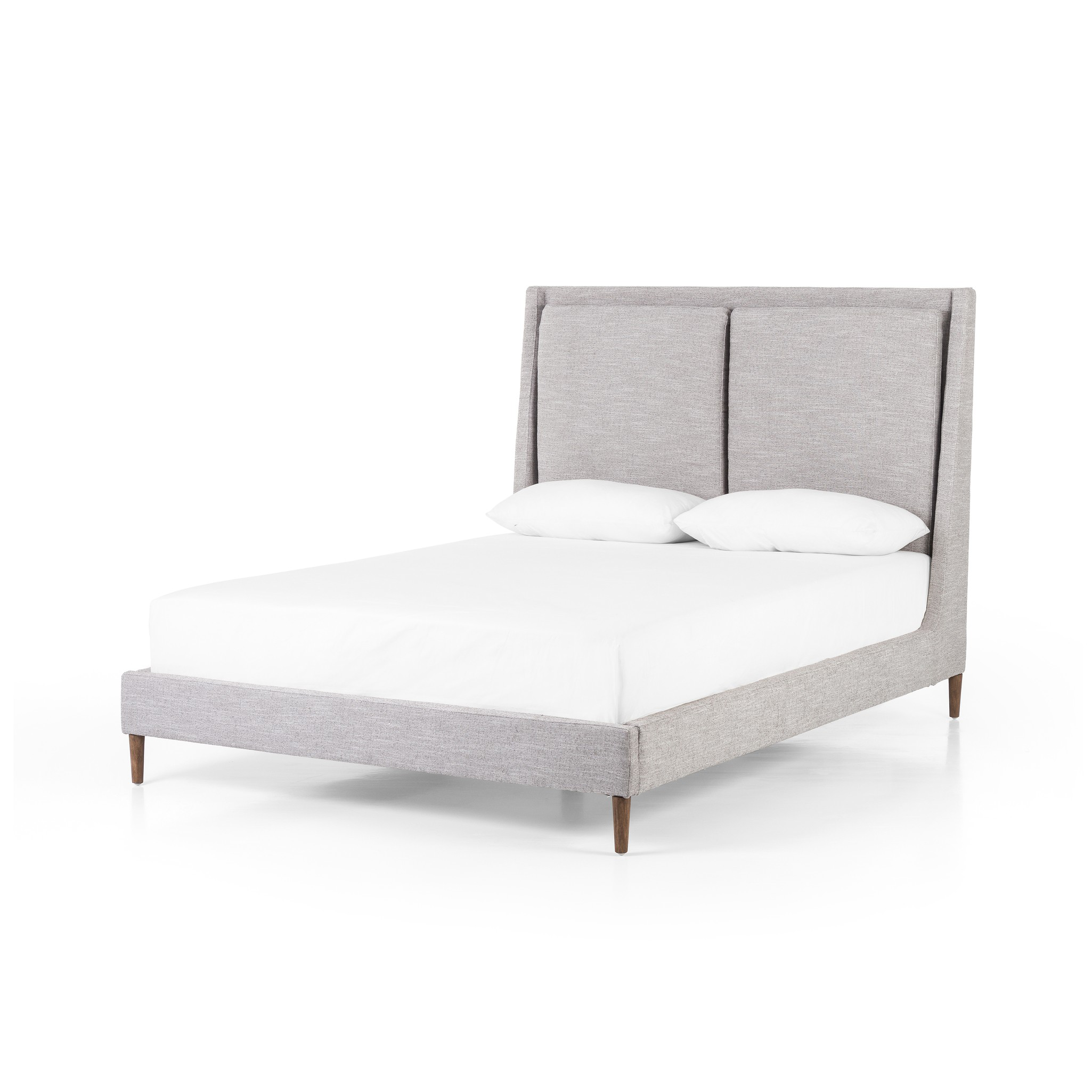 Light, livable luxury. Upholstered in a grey synthetic-blend, a tapered headboard features fixed overscale pillows, for a calming look with great depth. Wire-brushed parawood legs lend a warm, natural finishing touch. Performance fabrics are specially created to withstand spills, stains, high traffic and wear, ensuring long-term comfort and unmatched durability. Amethyst Home provides interior design, new home construction design consulting, vintage area rugs, and lighting in the Dallas metro area.