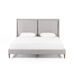 Featuring Potter Manor Grey Bed by Four Hands at Amethyst Home. Light, livable luxury. Upholstered in a grey synthetic-blend, a tapered headboard features fixed overscale pillows, for a calming look with great depth. Wire-brushed parawood legs lend a warm, natural finishing touch. Performance fabrics are specially created to withstand spills, stains, high t. Amethyst Home provides interior design, new home construction design consulting, vintage area rugs, and lighting in the Charlotte metro area.